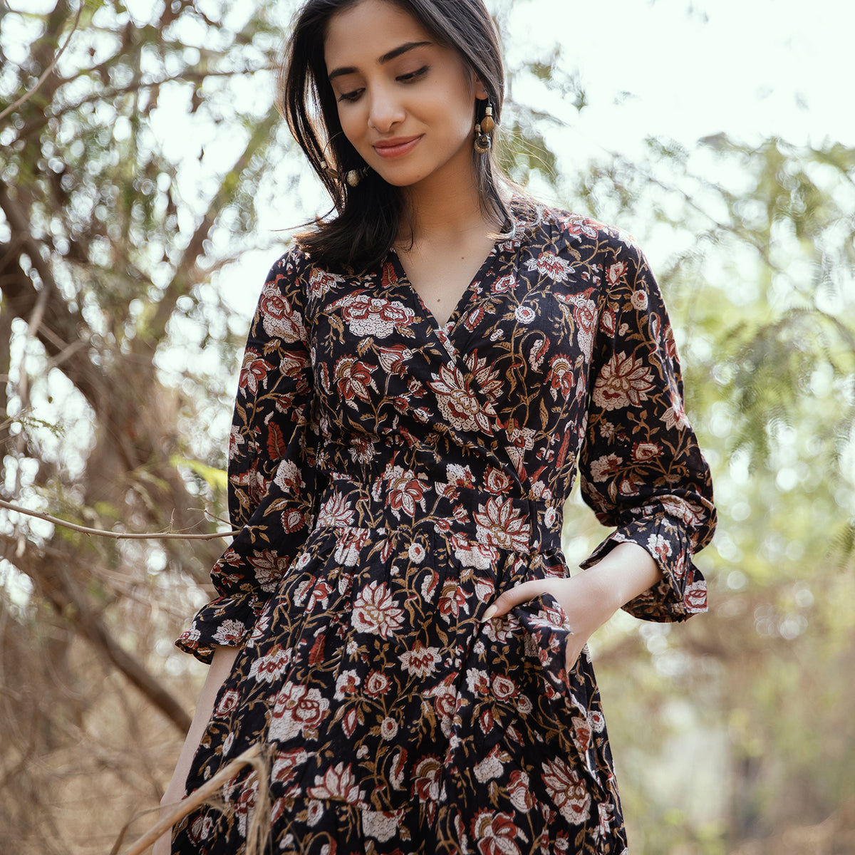 Bagru Brown Cotton Mini Dress