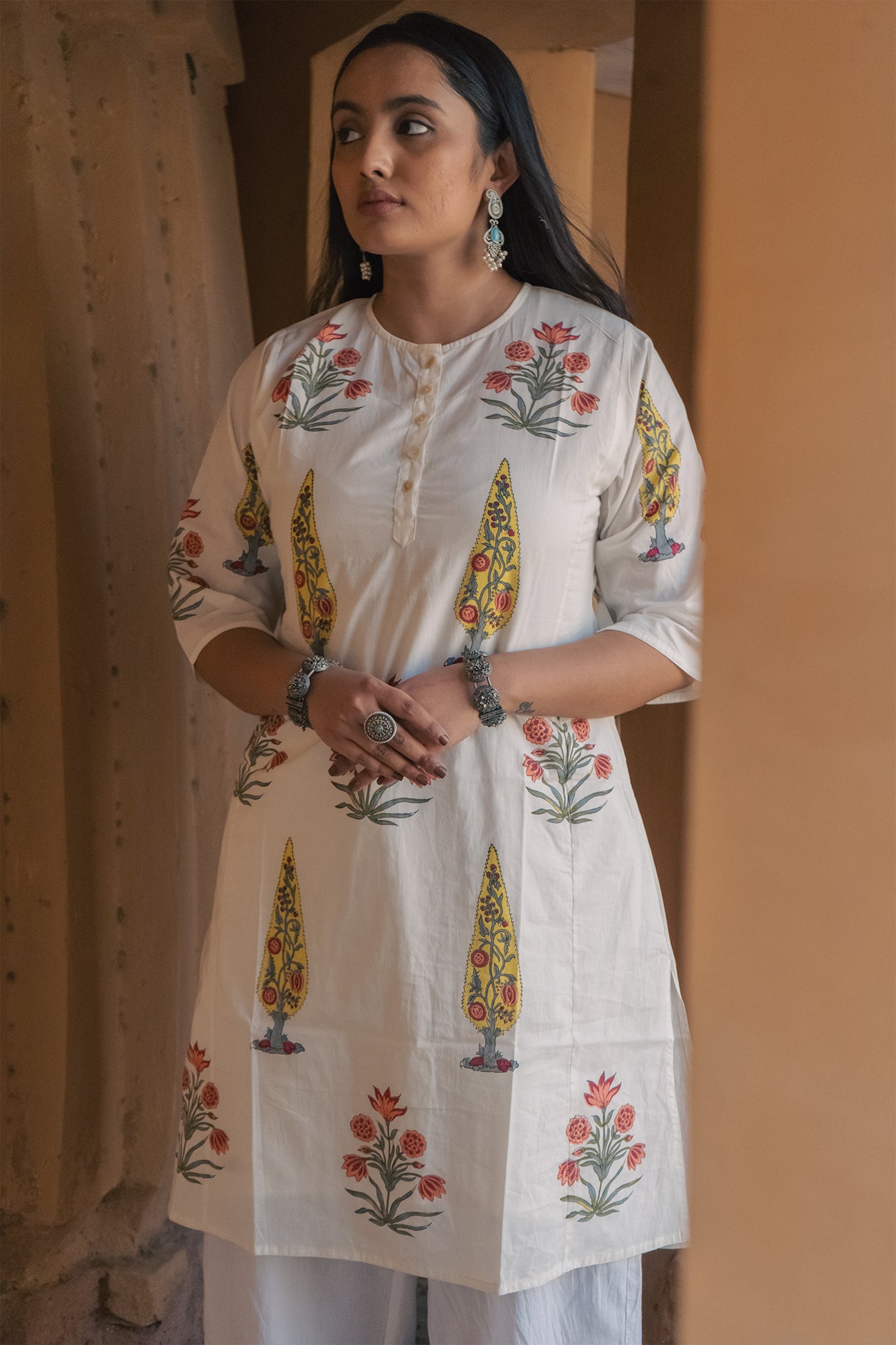 Saar-Hand Block Printed Mughal Butta with Nishaat Cypress Cotton Kurta - Length 41 Inches - Mustard Yellow and Peach