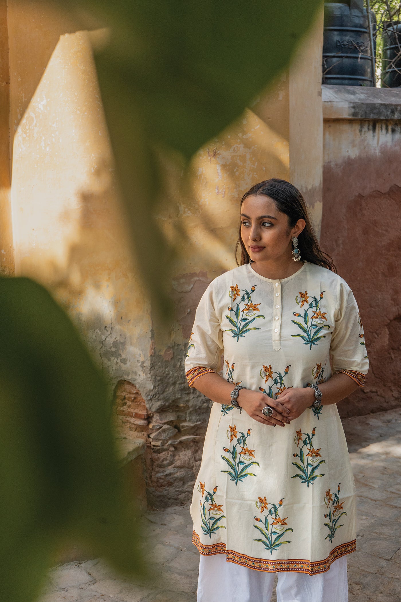 Saar - Hand Block Printed Mughal Butta Cotton Kurta - Length 41 Inches - Mustard Yellow and Turquoise