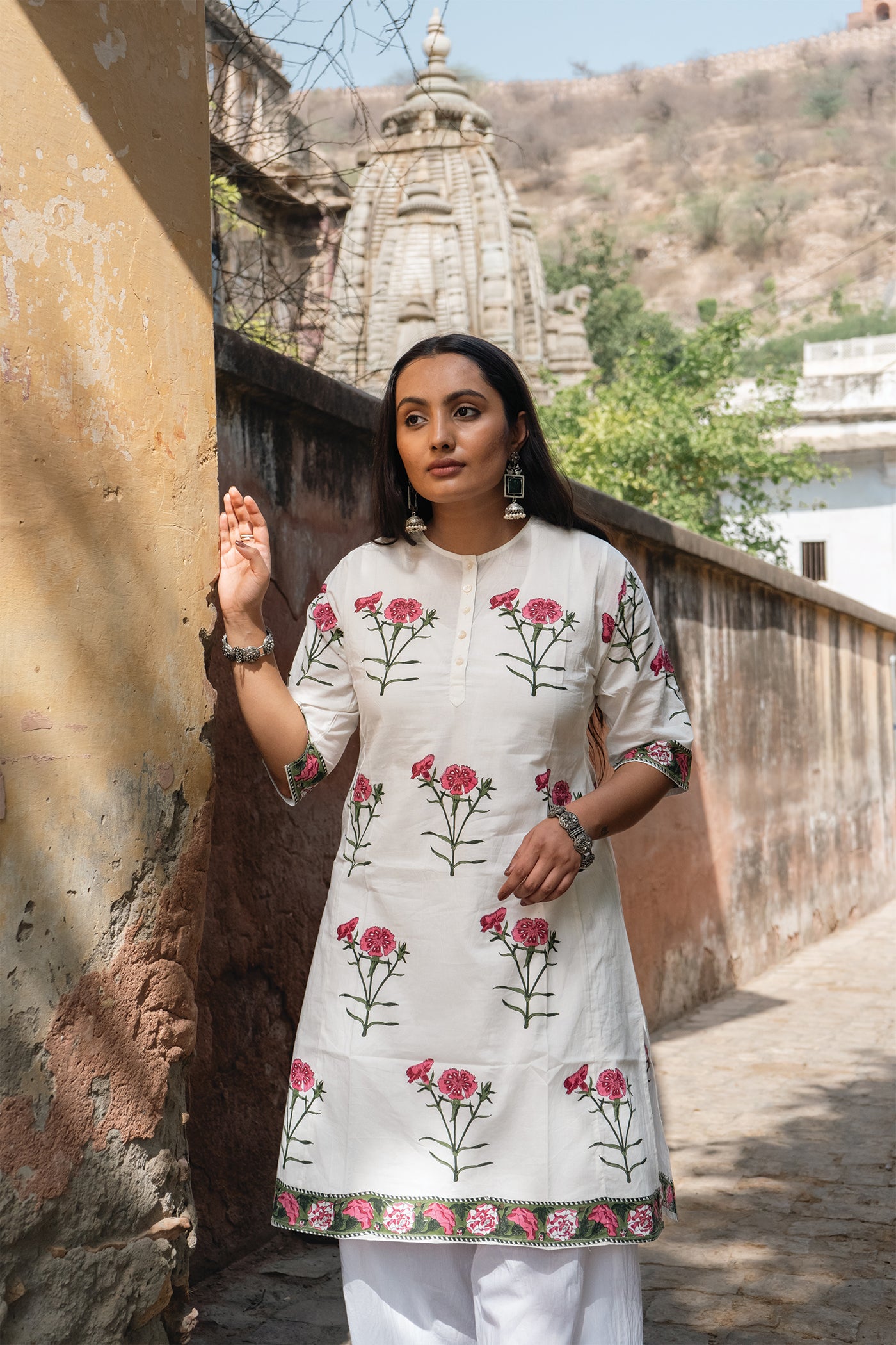 Daisy - Hand Block Printed New Flower in Garden Design Cotton Kurta - Length 41 Inches - Pink