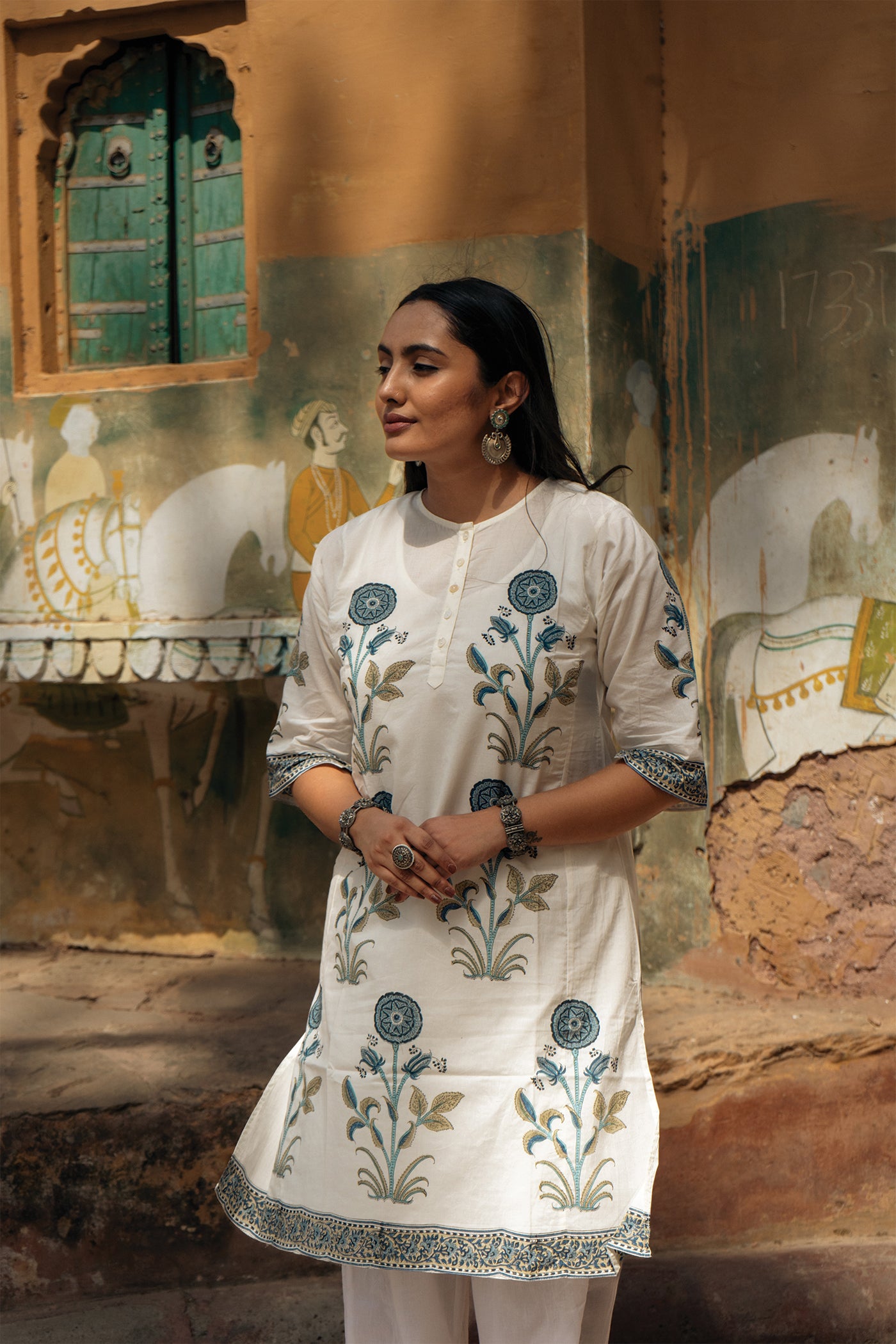 Hibiscus - Hand Block Printed Mughal Butta Cotton Kurta - Length 41 Inches - Aegean Blue