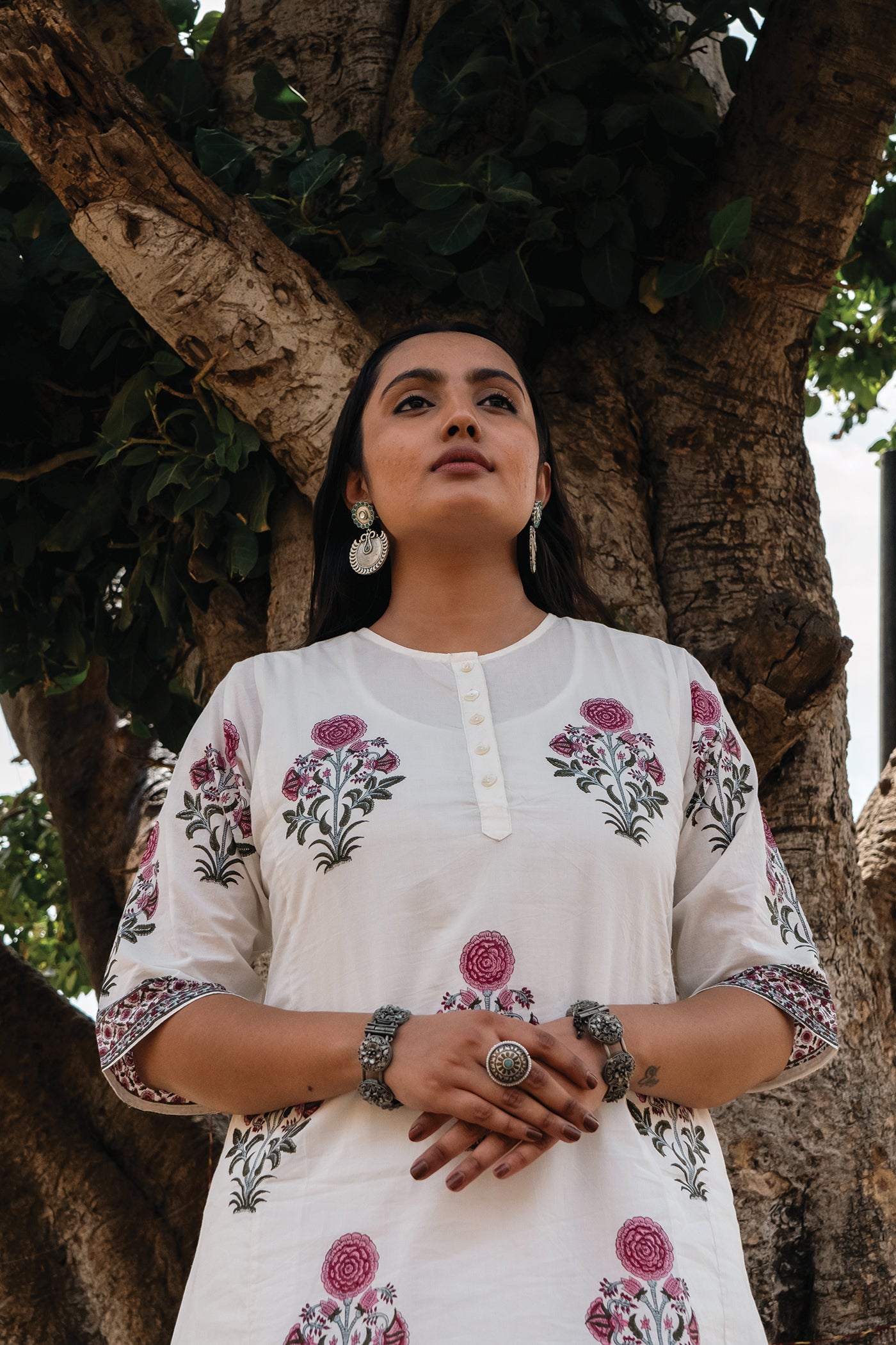 Hibiscus - Hand Block Printed Mughal Butta Cotton Kurta - Length 41 Inches - Rouge Pink