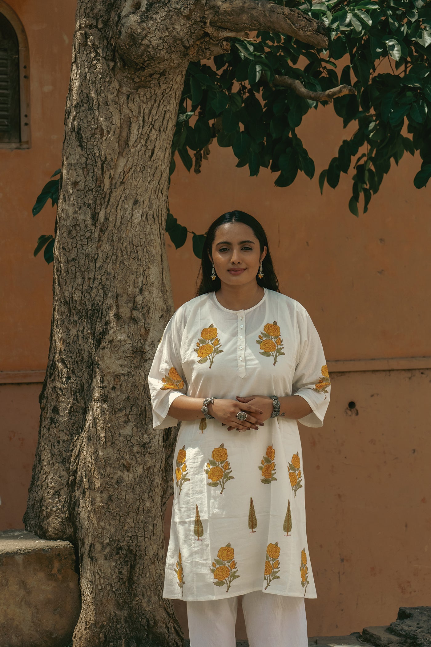 Vintage Bloom - Hand Block Printed Mughal Butta with Cypress Design Cotton Kurta - Length 41 Inches - Yellow Rose