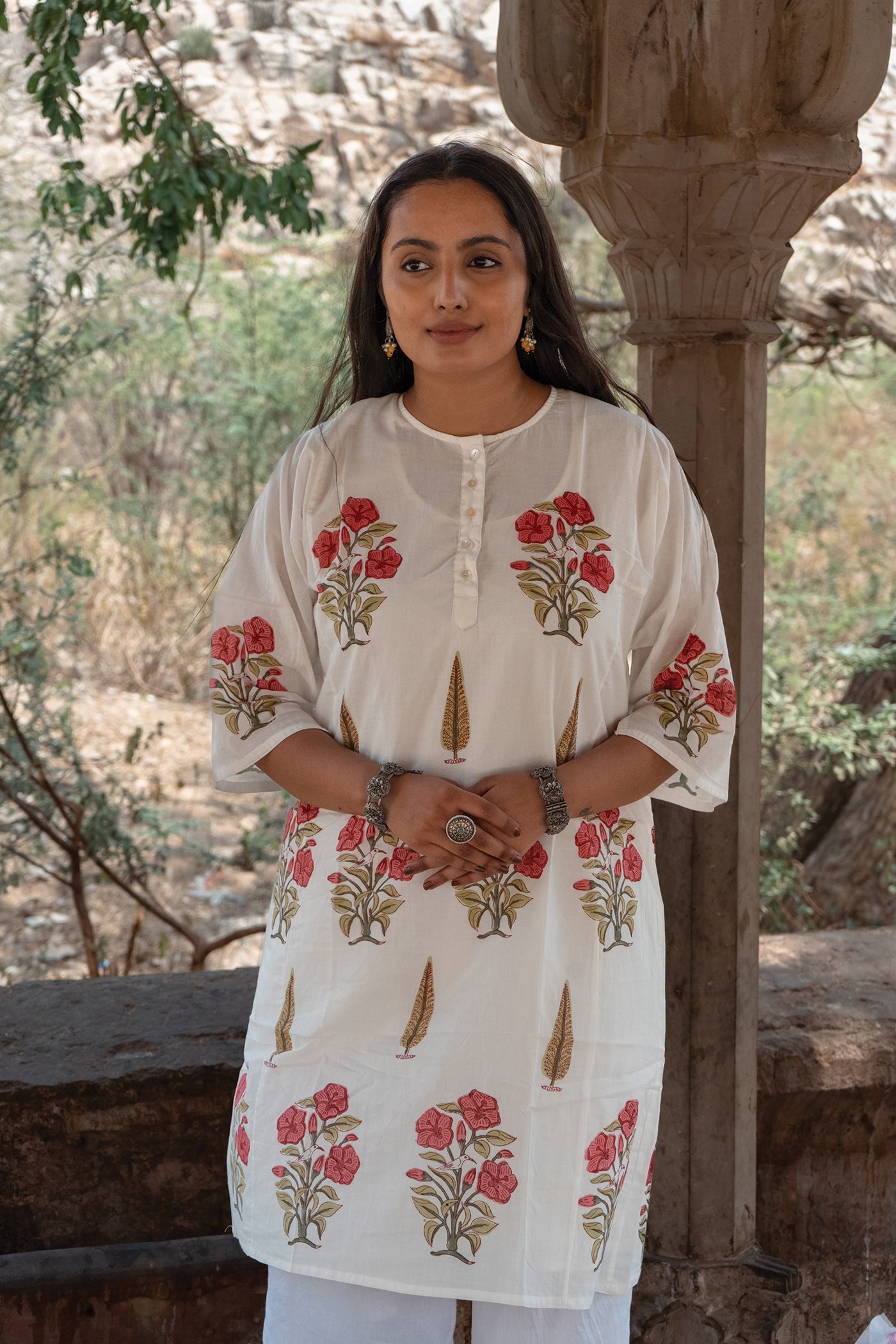 Royal Mughal Bird - Hand Block Printed Mughal Butta Design Cotton Kurta - Lengh 41 Inches - Red