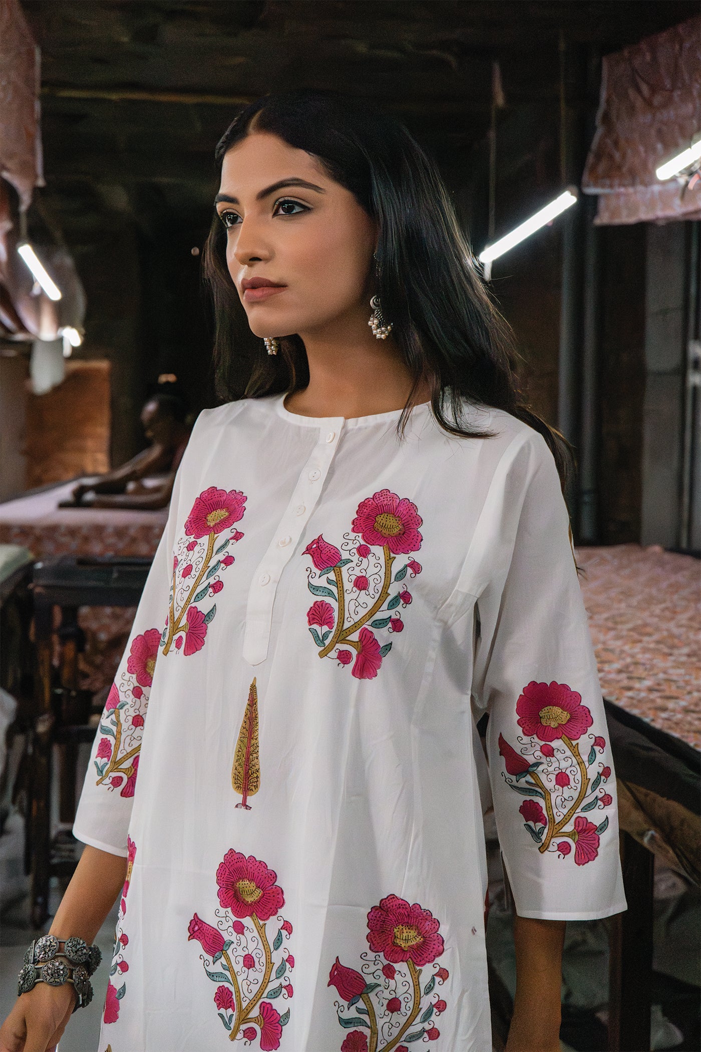 Vintage Bloom - Hand Block Printed Mughal Butta with Cypress Design Cotton Kurta - Length 41 Inches - Deep Pink and Royal Blue