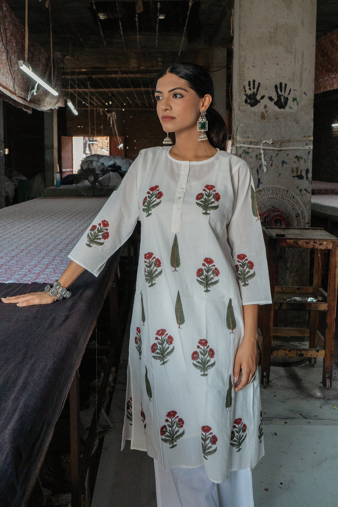 Poppy Flower - Hand Block Printed Mughal Butta with Cypress Design Cotton Kurta - Length 41 Inches - Red and Forest Green