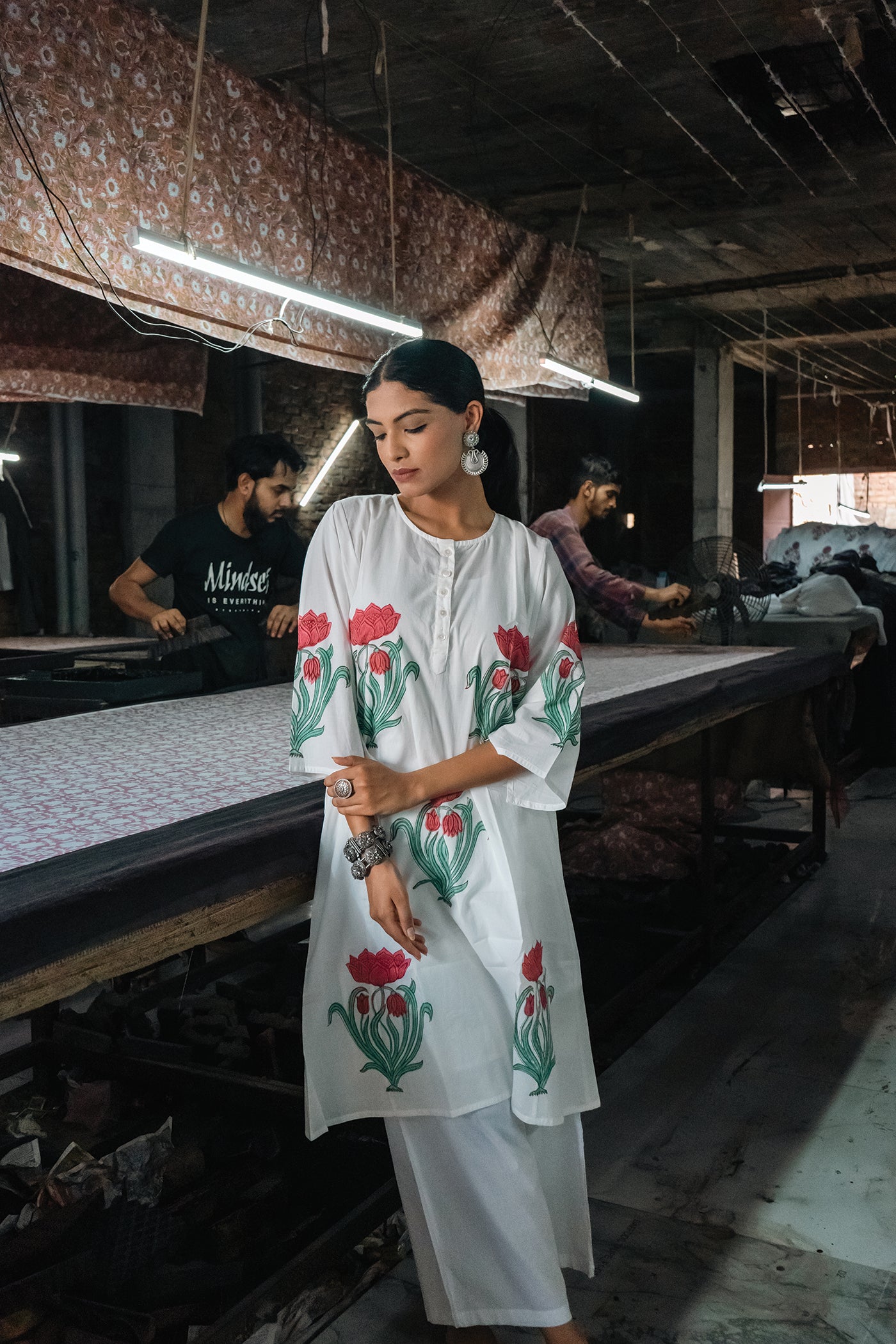 Vintage Bloom - Hand Block Printed Mughal Butta Design Cotton Kurta - Length 41 Inches - Peach and Sea Green