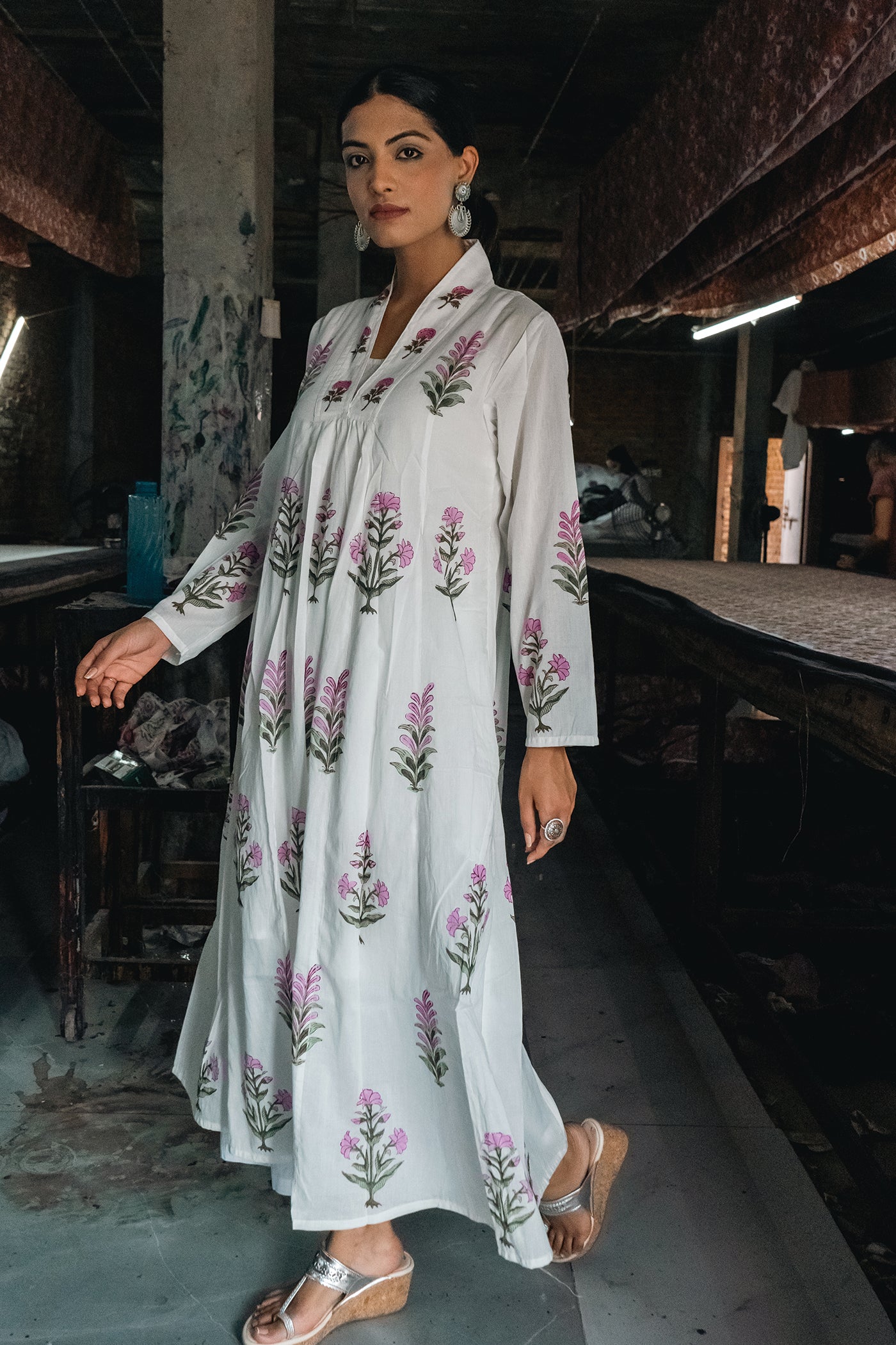 Marcia - Mulmul Hand Block Printed Dress/Kurta in Mughal Prints - Millenial Pink - Length 50 Inches
