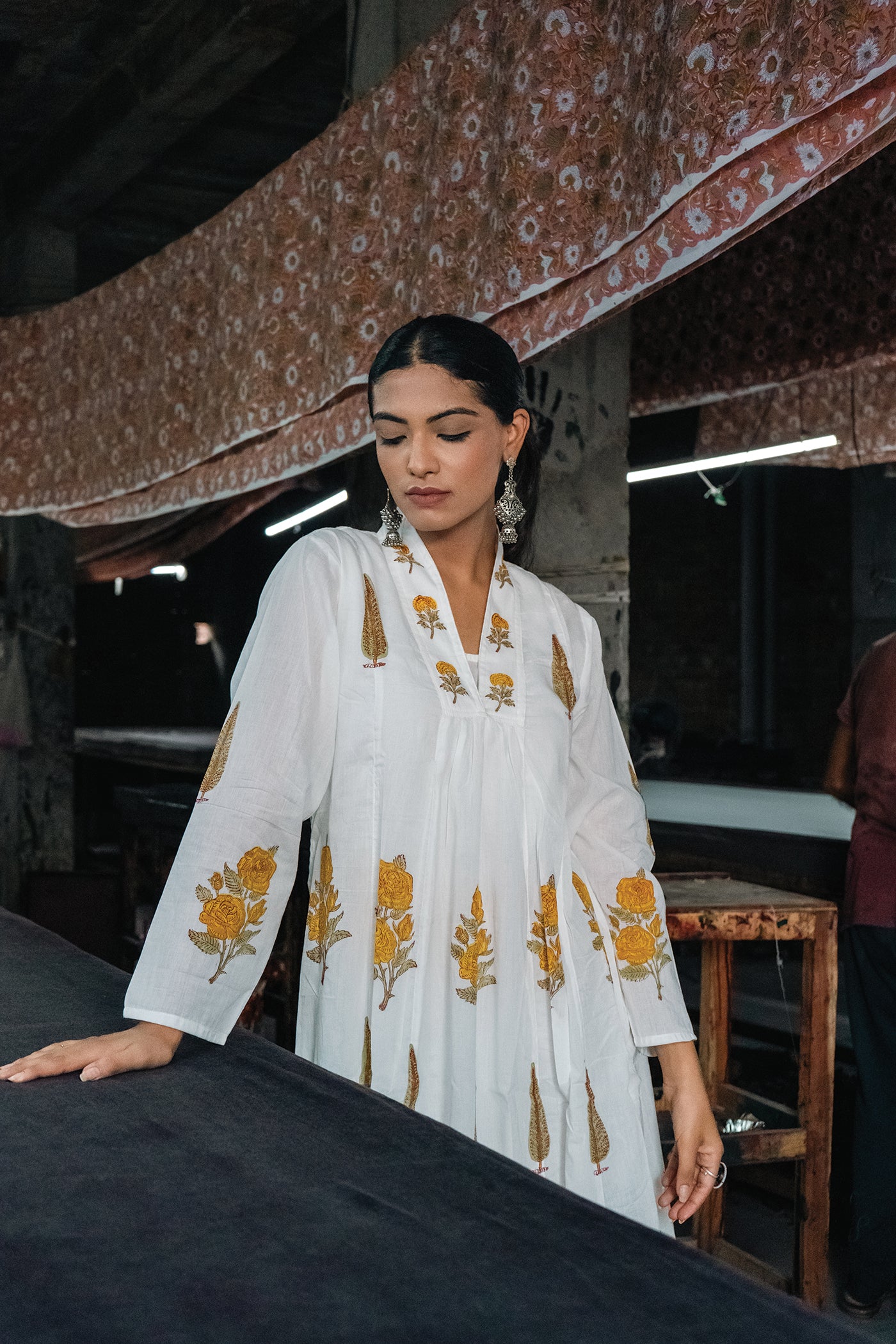 Marcia - Mulmul Hand Block Printed Dress/Kurta in Mughal Prints - Yellow Rose - Length 50 Inches