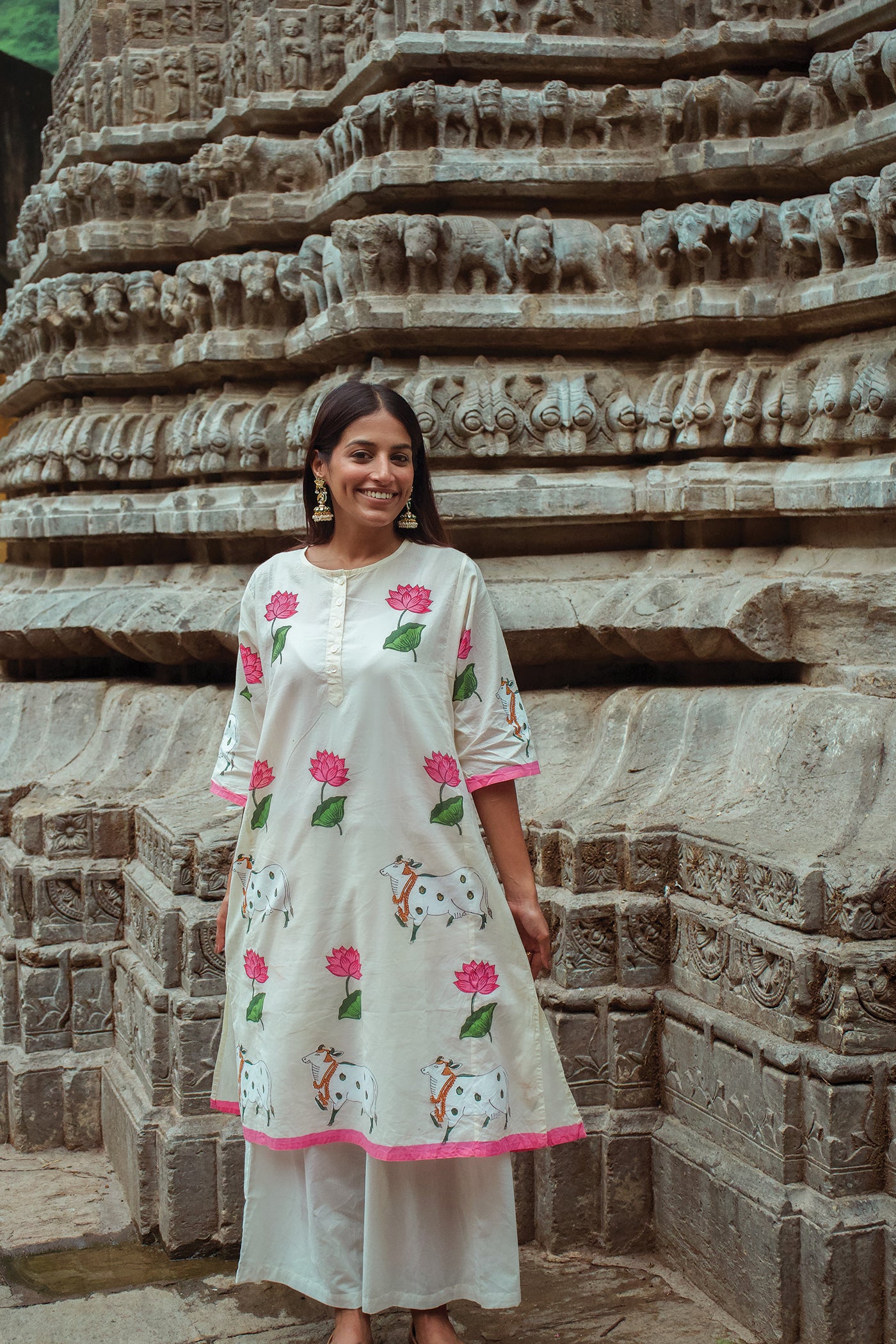 Indian Pichwai - Hand Block Printed Pearl White Straight Panel Kurta With Pant (SET OF 2)