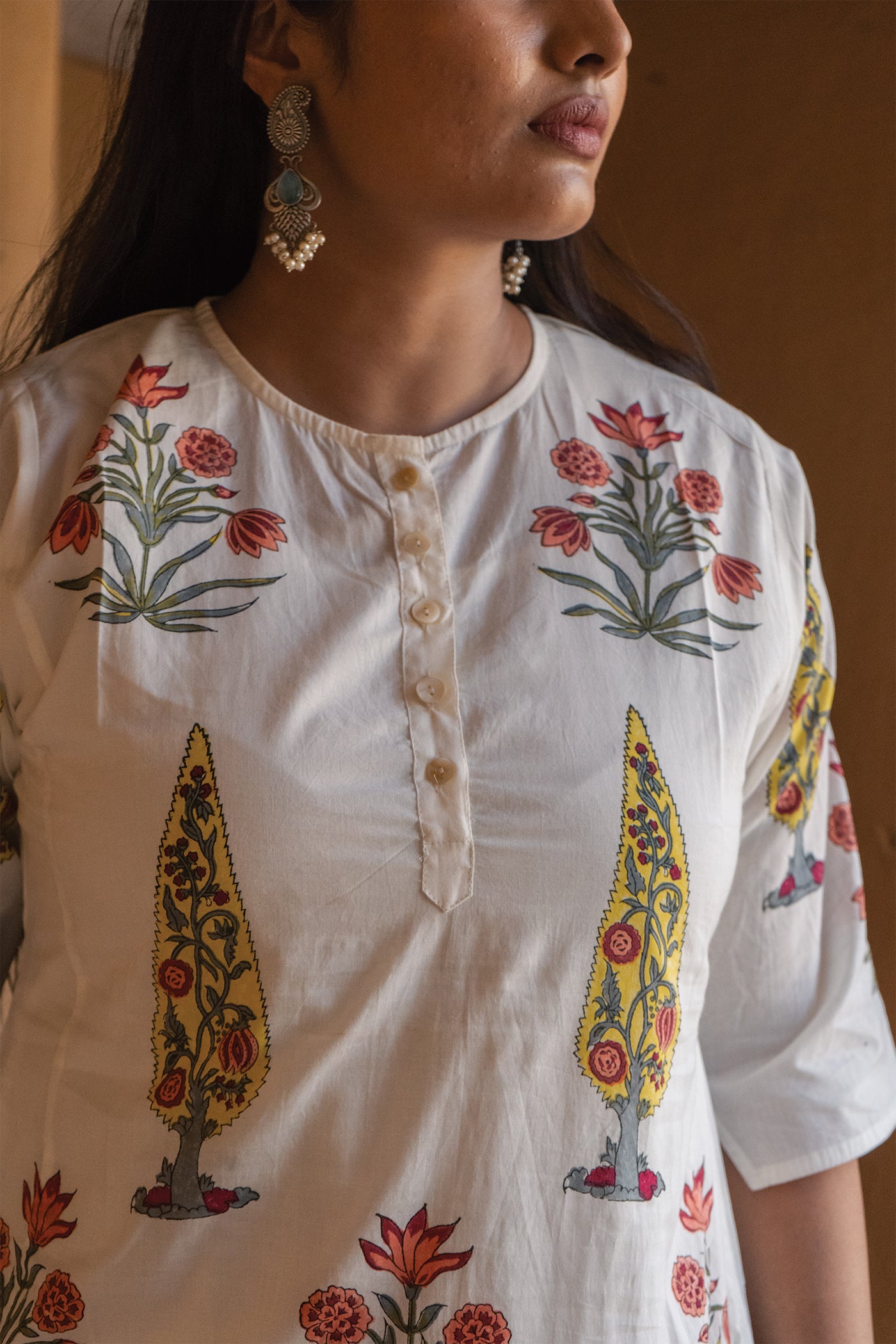 Saar-Hand Block Printed Mughal Butta with Nishaat Cypress Cotton Kurta - Length 41 Inches - Mustard Yellow and Peach