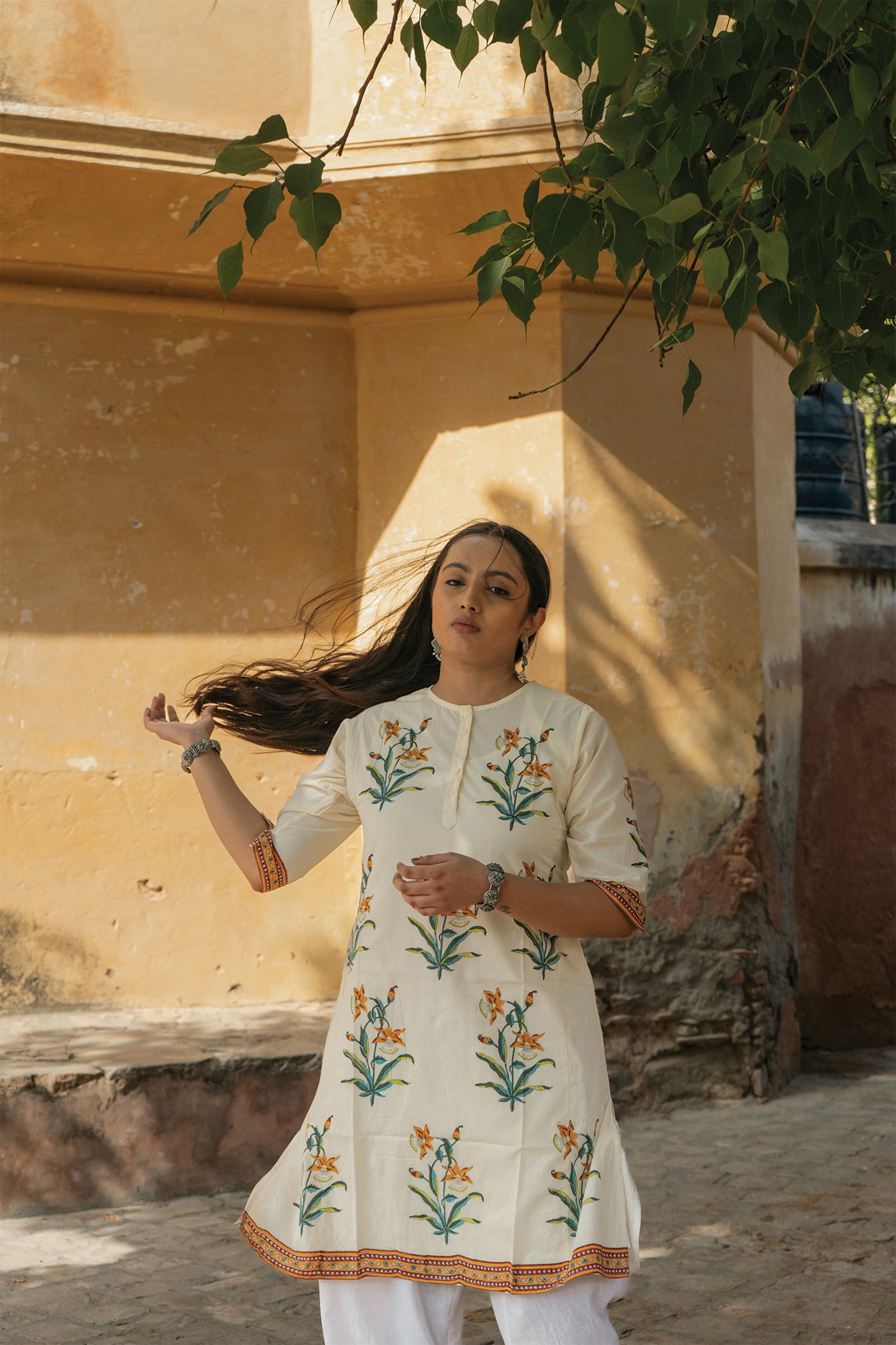 Saar - Hand Block Printed Mughal Butta Cotton Kurta - Length 41 Inches - Mustard Yellow and Turquoise