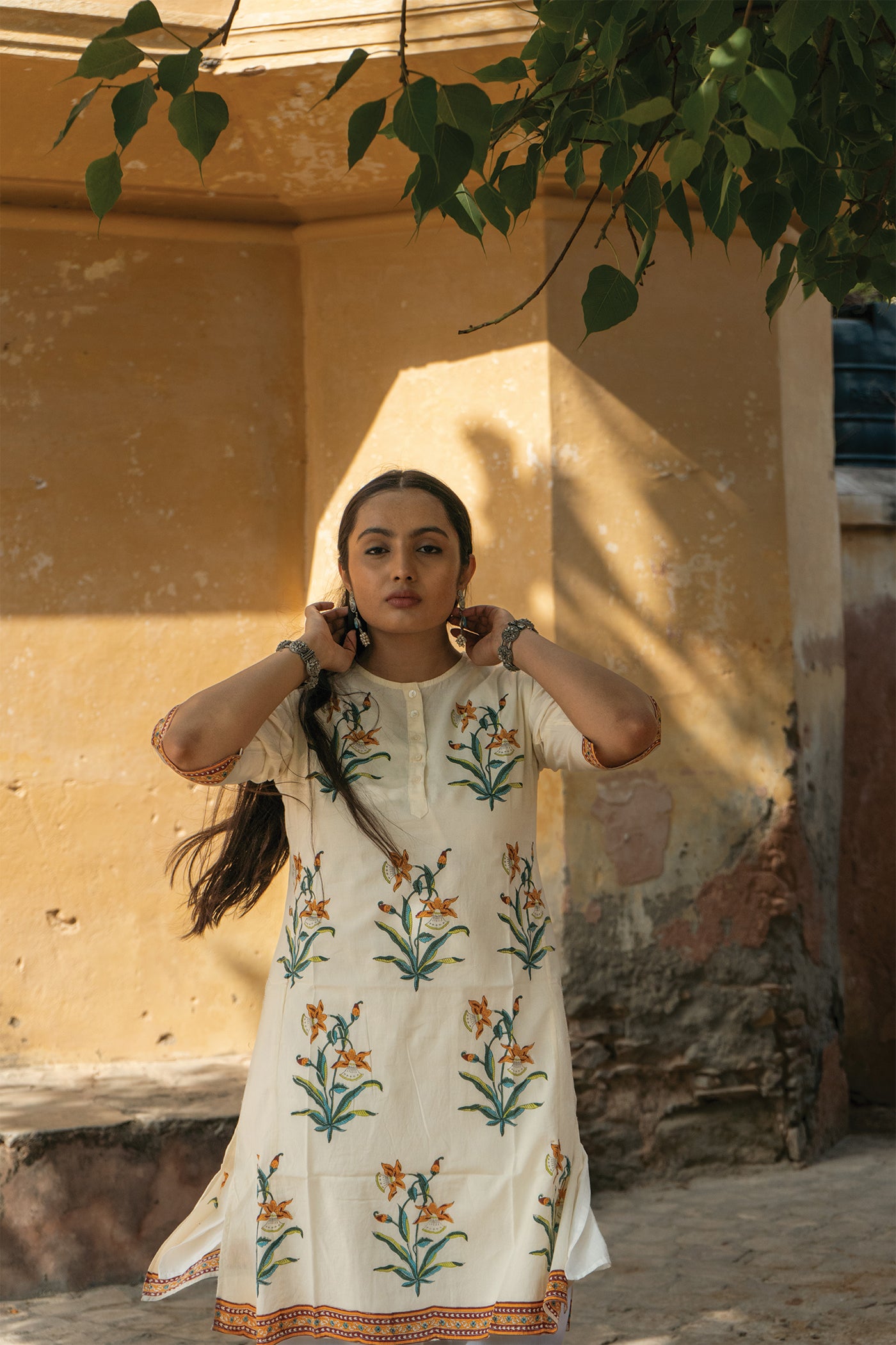 Saar - Hand Block Printed Mughal Butta Cotton Kurta - Length 41 Inches - Mustard Yellow and Turquoise