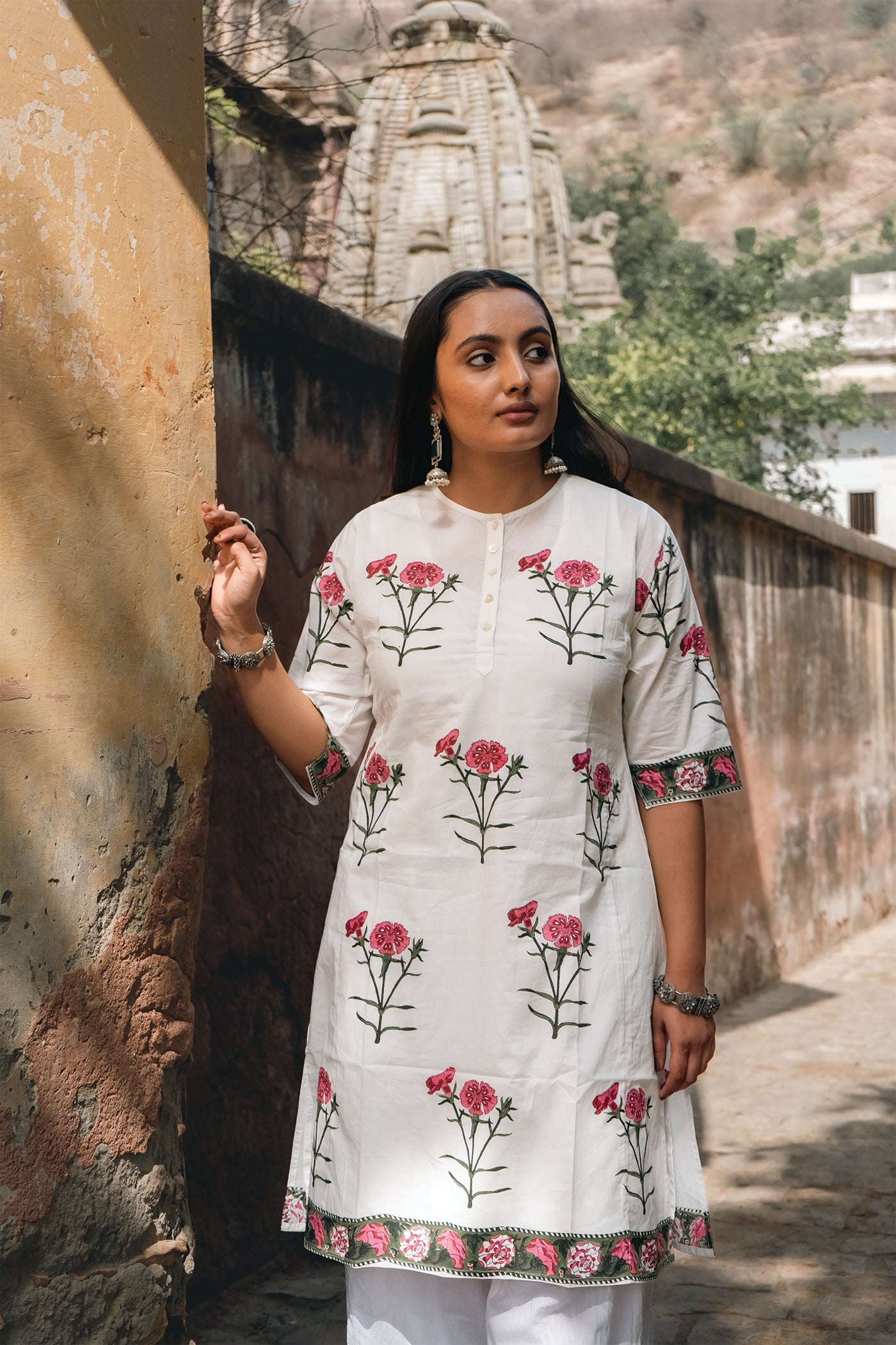 Daisy - Hand Block Printed New Flower in Garden Design Cotton Kurta - Length 41 Inches - Pink