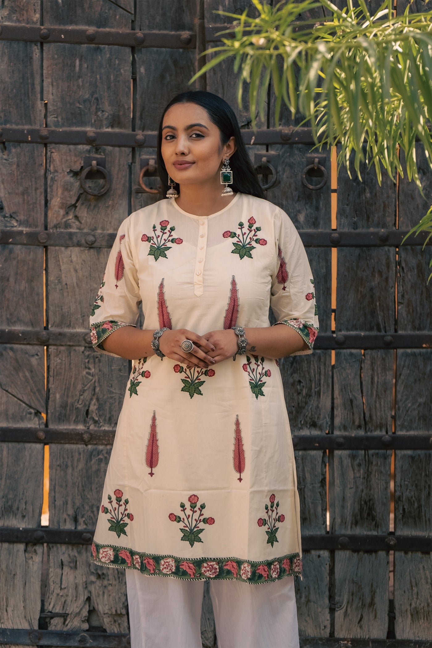 Daisy - Hand Block Printed Meadow Flower Butta with Cypress Design Cotton Kurta - Length 41 Inches - Pink