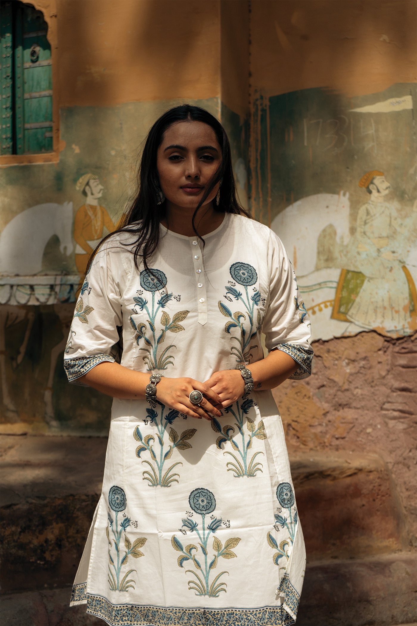 Hibiscus - Hand Block Printed Mughal Butta Cotton Kurta - Length 41 Inches - Aegean Blue