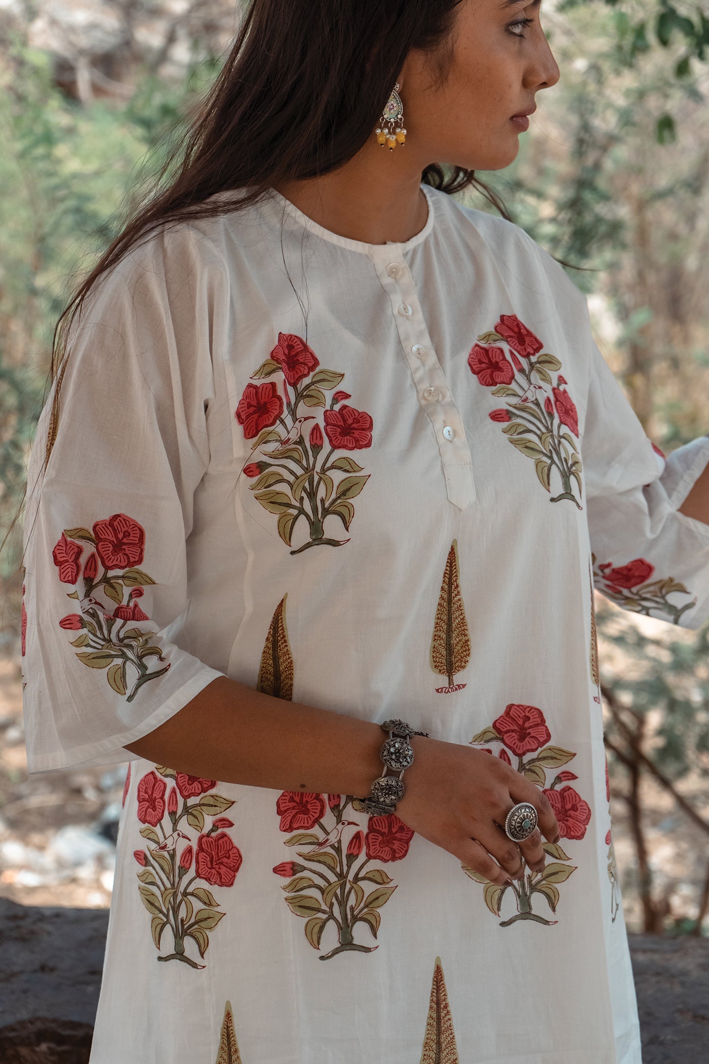 Royal Mughal Bird - Hand Block Printed Mughal Butta Design Cotton Kurta - Lengh 41 Inches - Red