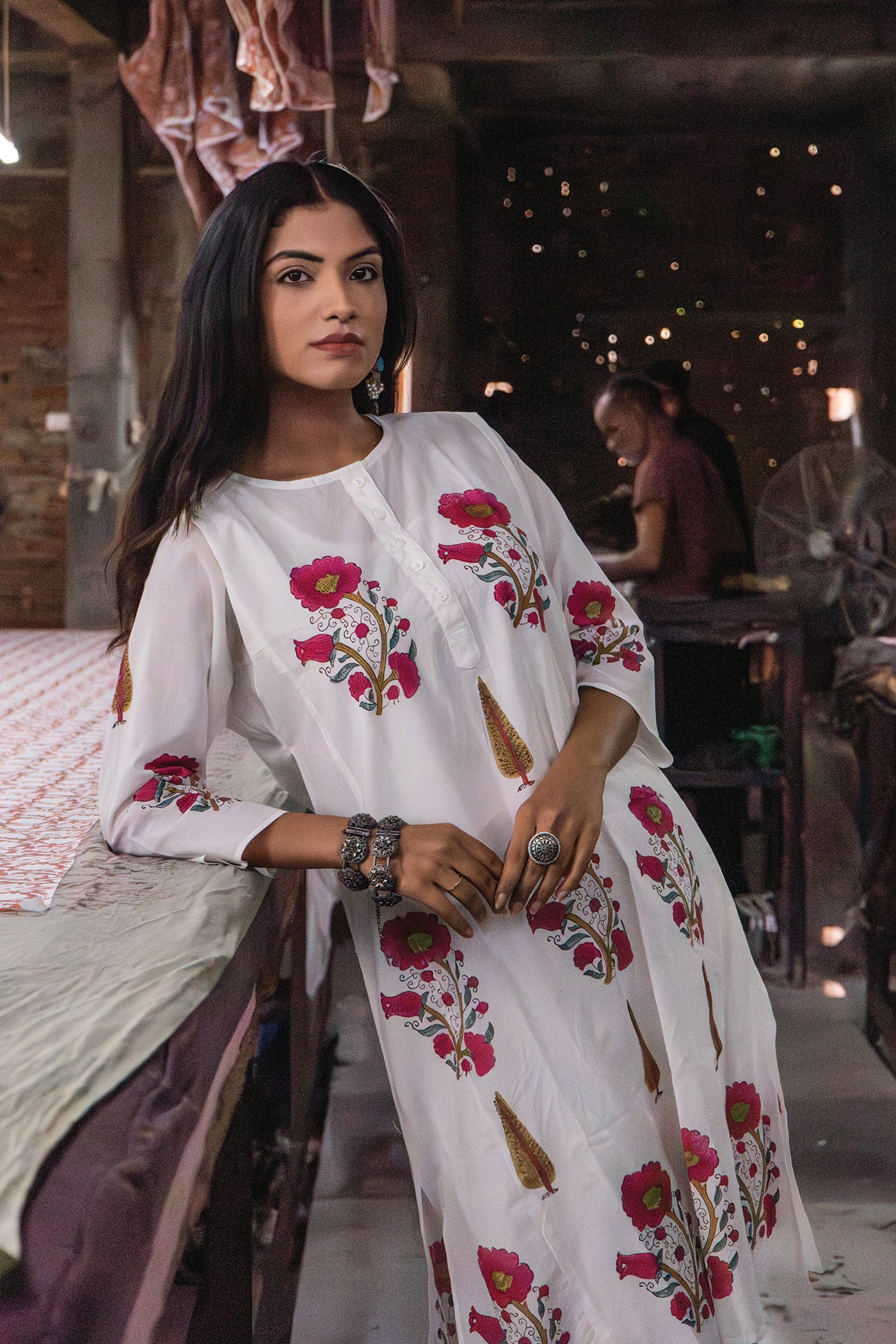 Vintage Bloom - Hand Block Printed Mughal Butta with Cypress Design Cotton Kurta - Length 41 Inches - Deep Pink and Royal Blue