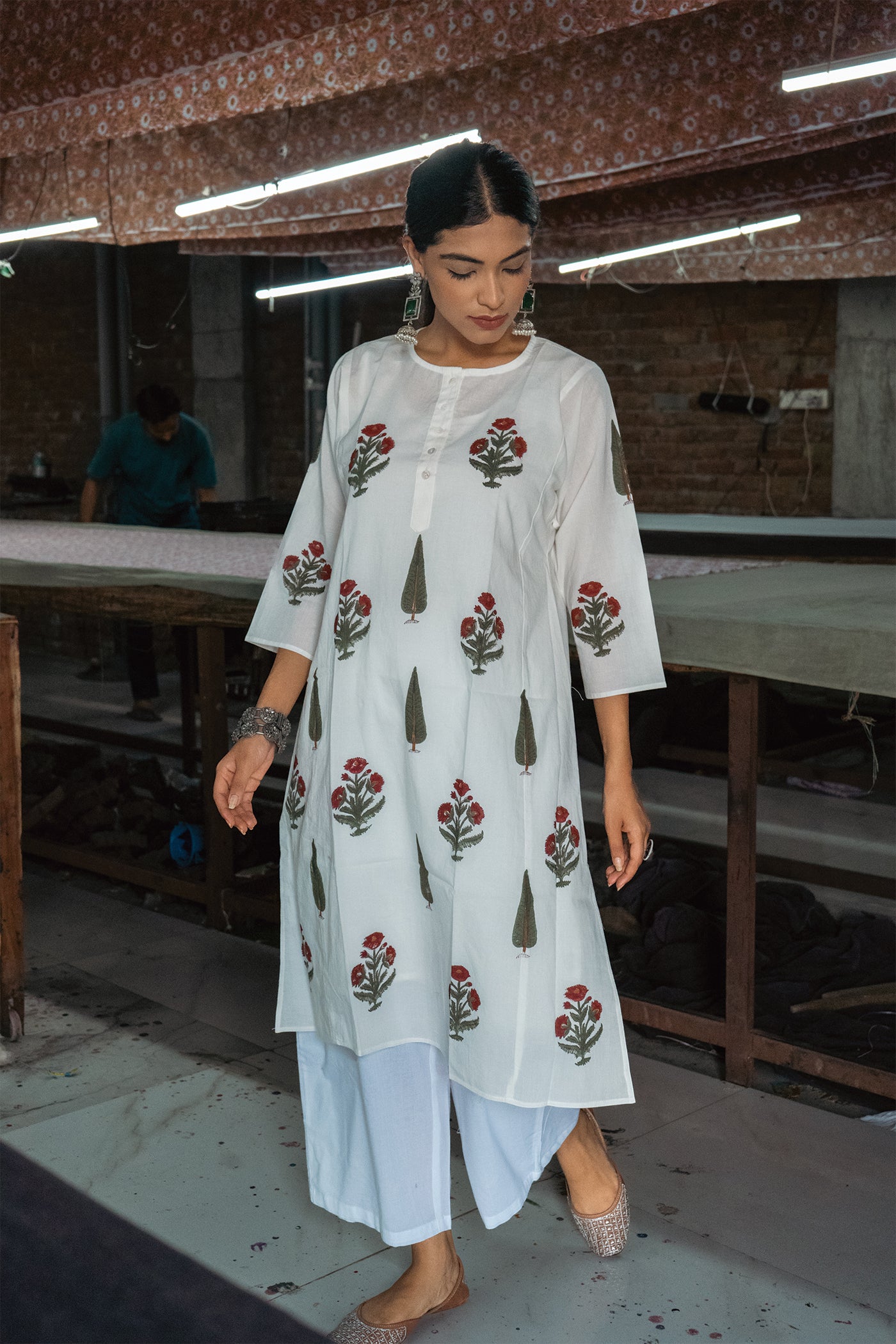 Poppy Flower - Hand Block Printed Mughal Butta with Cypress Design Cotton Kurta - Length 41 Inches - Red and Forest Green