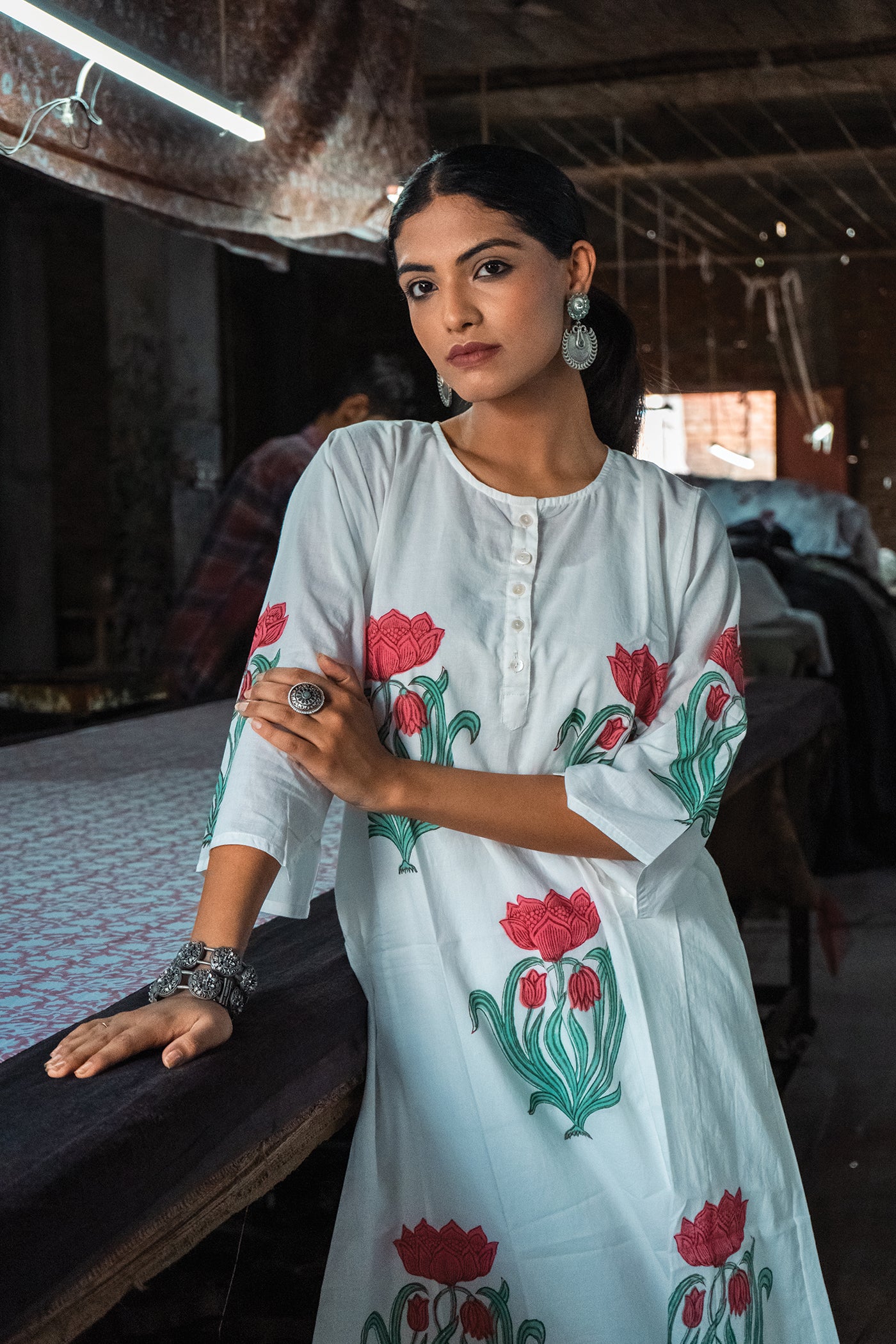 Vintage Bloom - Hand Block Printed Mughal Butta Design Cotton Kurta - Length 41 Inches - Peach and Sea Green