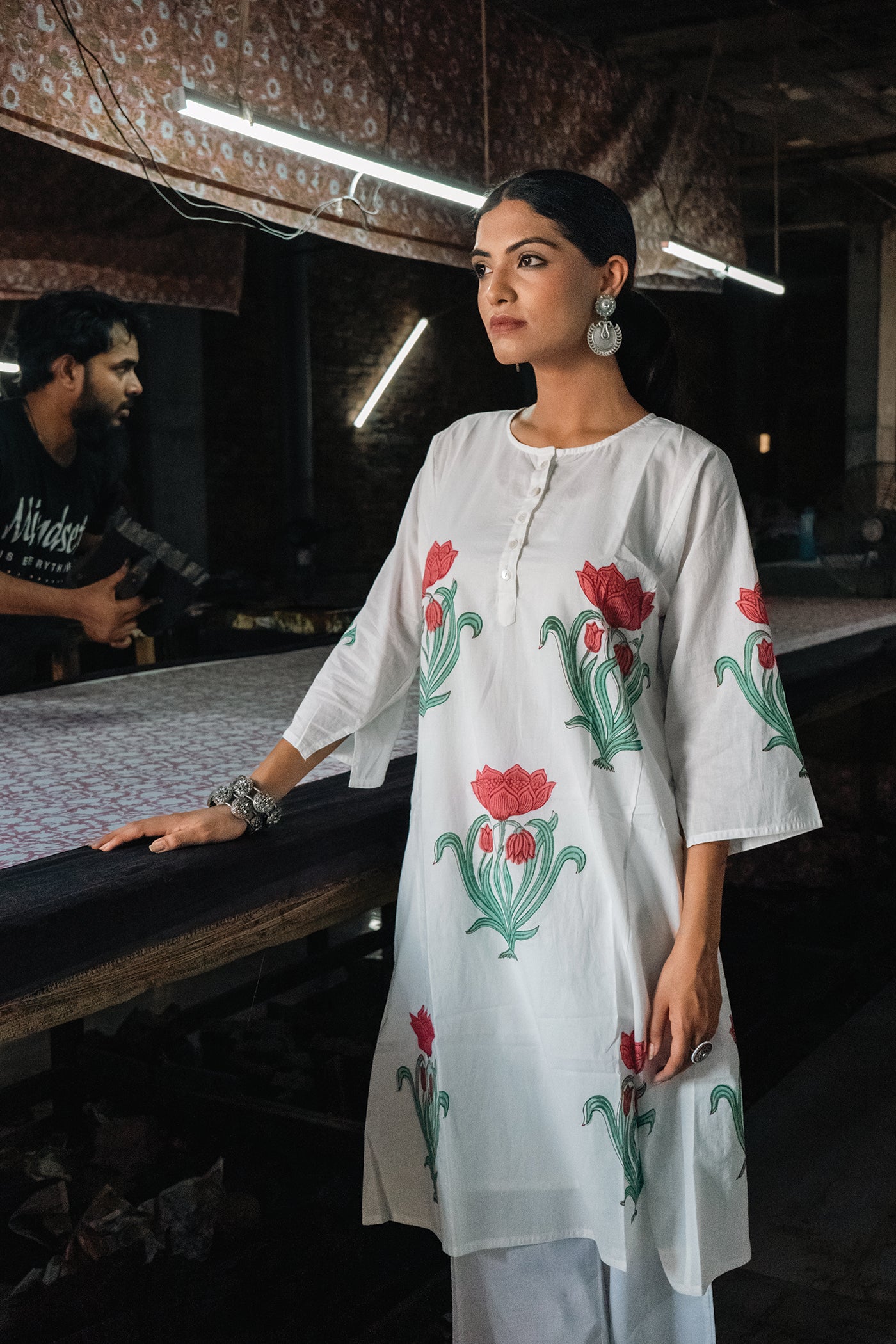 Vintage Bloom - Hand Block Printed Mughal Butta Design Cotton Kurta - Length 41 Inches - Peach and Sea Green