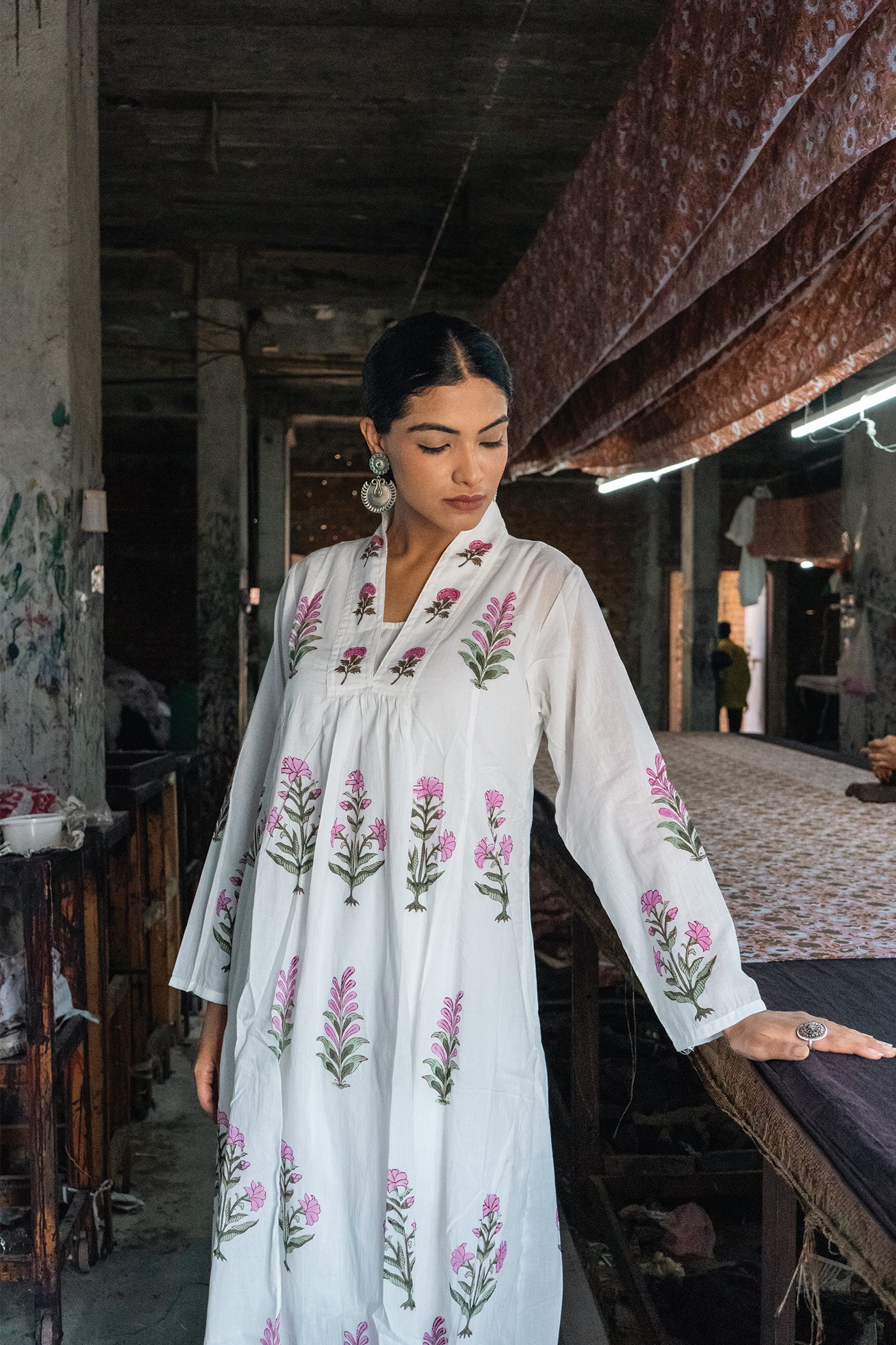 Marcia - Mulmul Hand Block Printed Dress/Kurta in Mughal Prints - Millenial Pink - Length 50 Inches