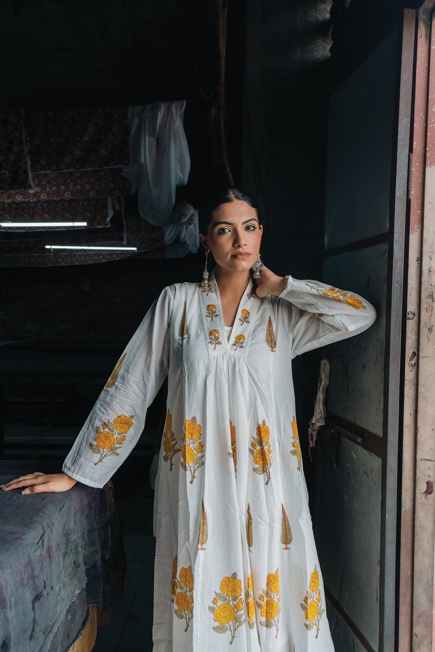 Marcia - Mulmul Hand Block Printed Dress/Kurta in Mughal Prints - Yellow Rose - Length 50 Inches