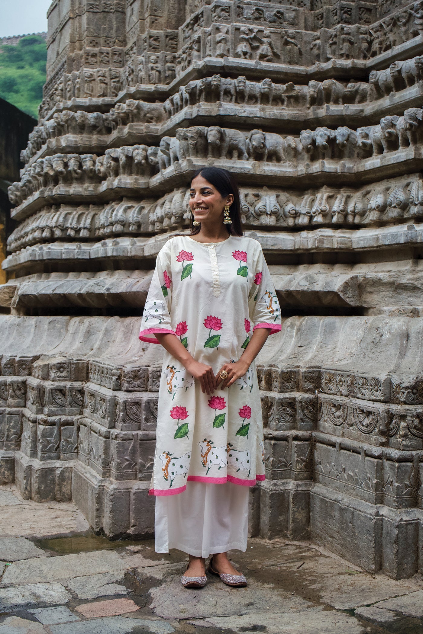 Indian Pichwai - Hand Block Printed Pearl White Straight Panel Kurta With Pant (SET OF 2)