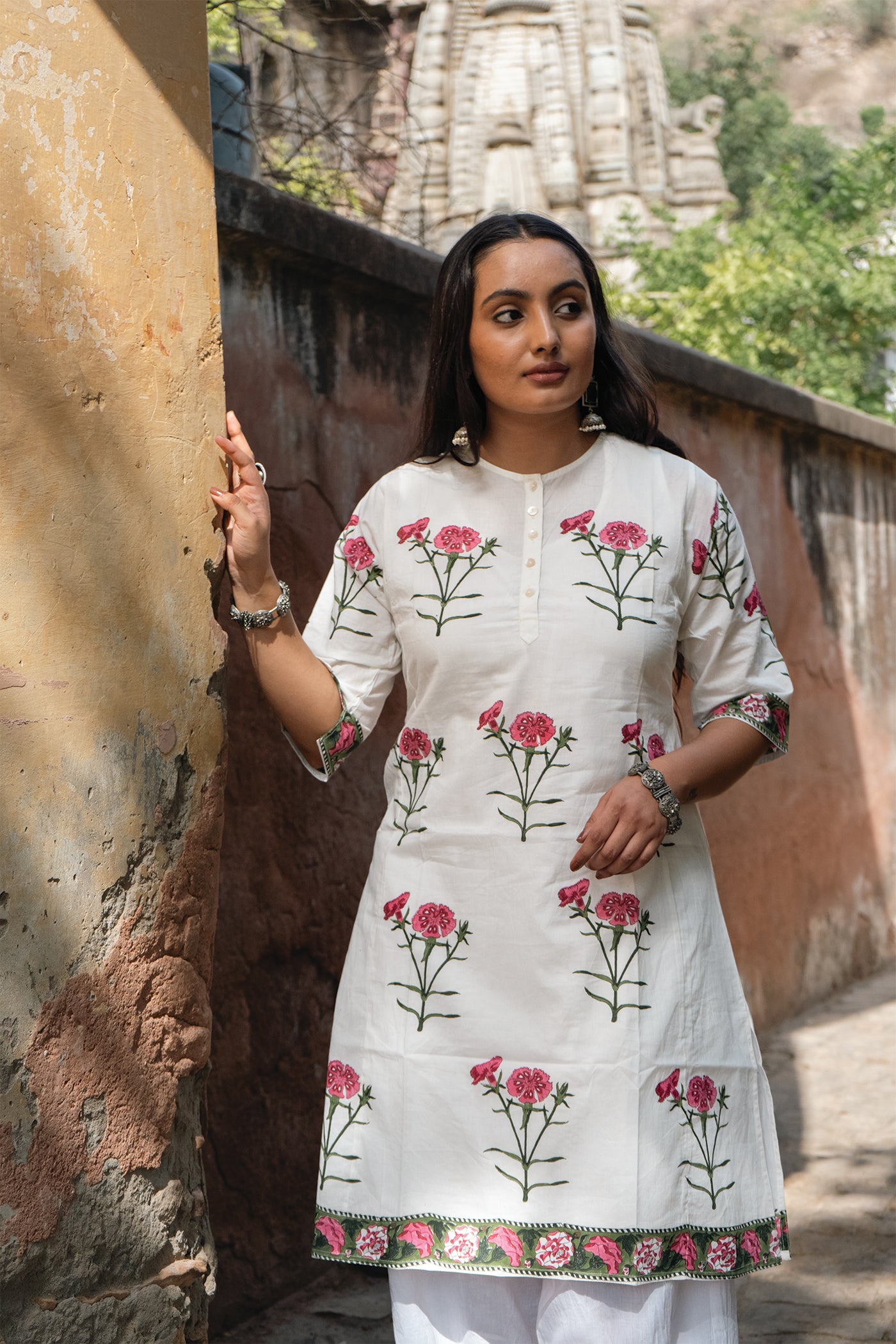 Daisy - Hand Block Printed New Flower in Garden Design Cotton Kurta - Length 41 Inches - Pink