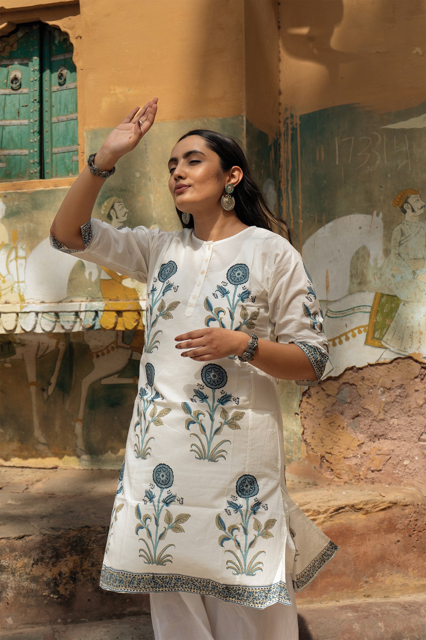 Hibiscus - Hand Block Printed Mughal Butta Cotton Kurta - Length 41 Inches - Aegean Blue