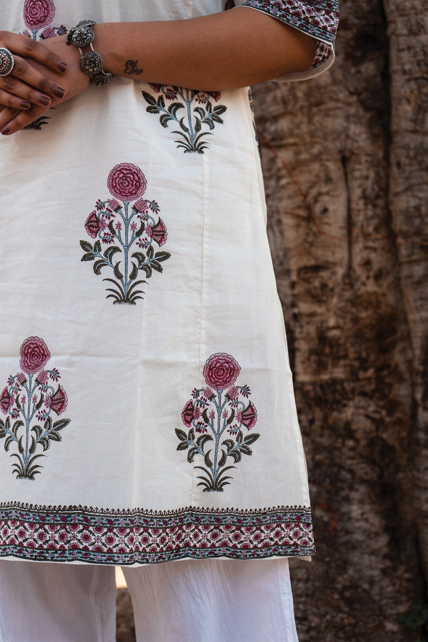 Hibiscus - Hand Block Printed Mughal Butta Cotton Kurta - Length 41 Inches - Rouge Pink