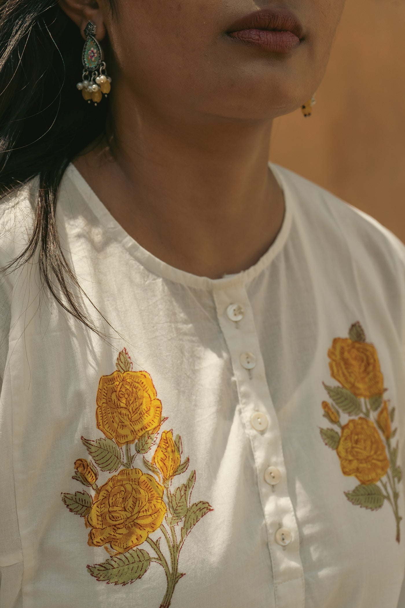 Vintage Bloom - Hand Block Printed Mughal Butta with Cypress Design Cotton Kurta - Length 41 Inches - Yellow Rose