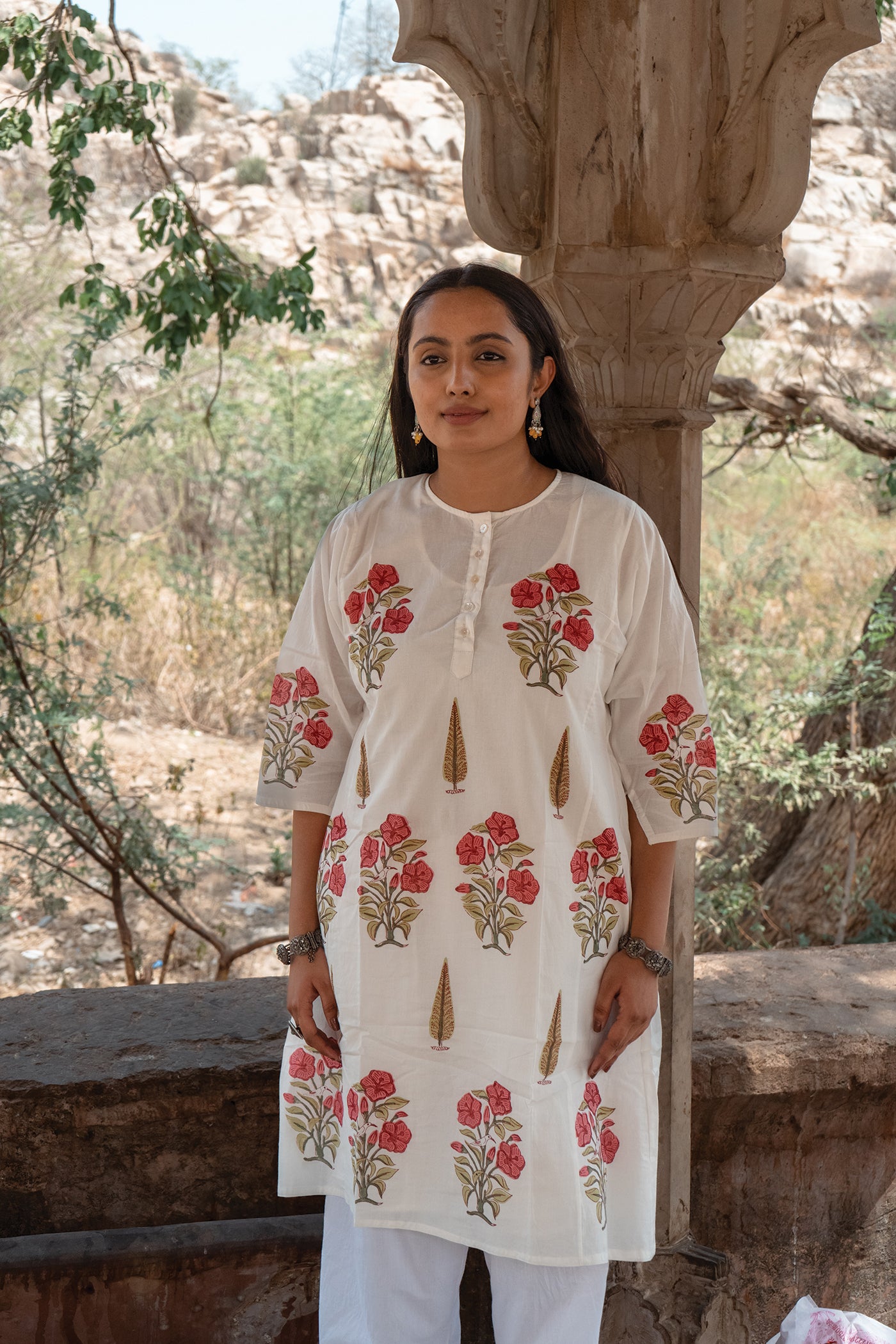 Royal Mughal Bird - Hand Block Printed Mughal Butta Design Cotton Kurta - Lengh 41 Inches - Red