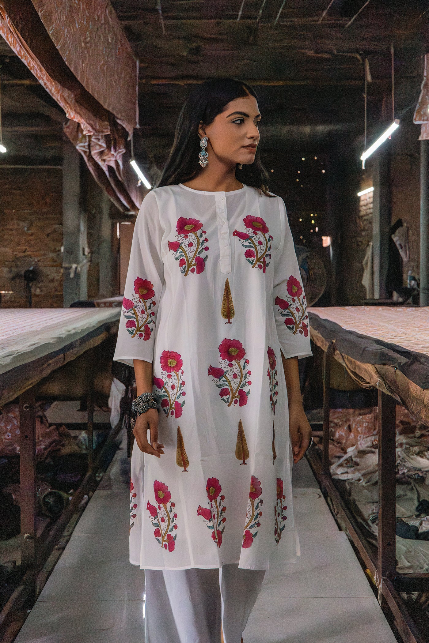 Vintage Bloom - Hand Block Printed Mughal Butta with Cypress Design Cotton Kurta - Length 41 Inches - Deep Pink and Royal Blue