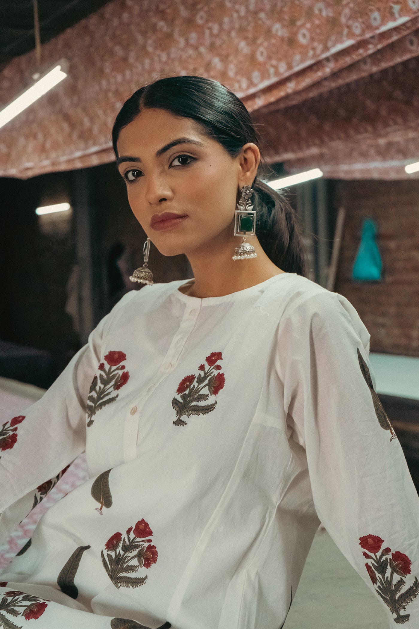 Poppy Flower - Hand Block Printed Mughal Butta with Cypress Design Cotton Kurta - Length 41 Inches - Red and Forest Green