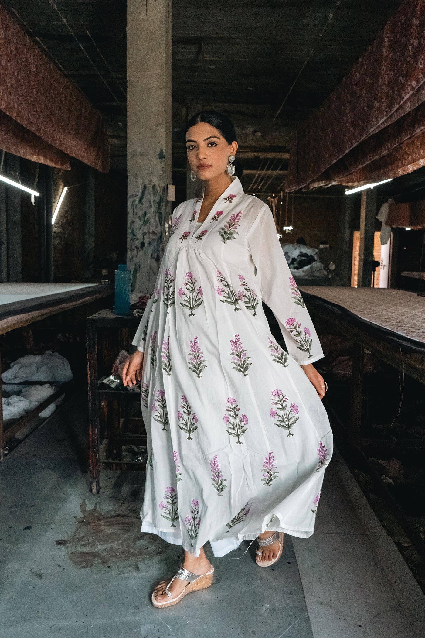 Marcia - Mulmul Hand Block Printed Dress/Kurta in Mughal Prints - Millenial Pink - Length 50 Inches