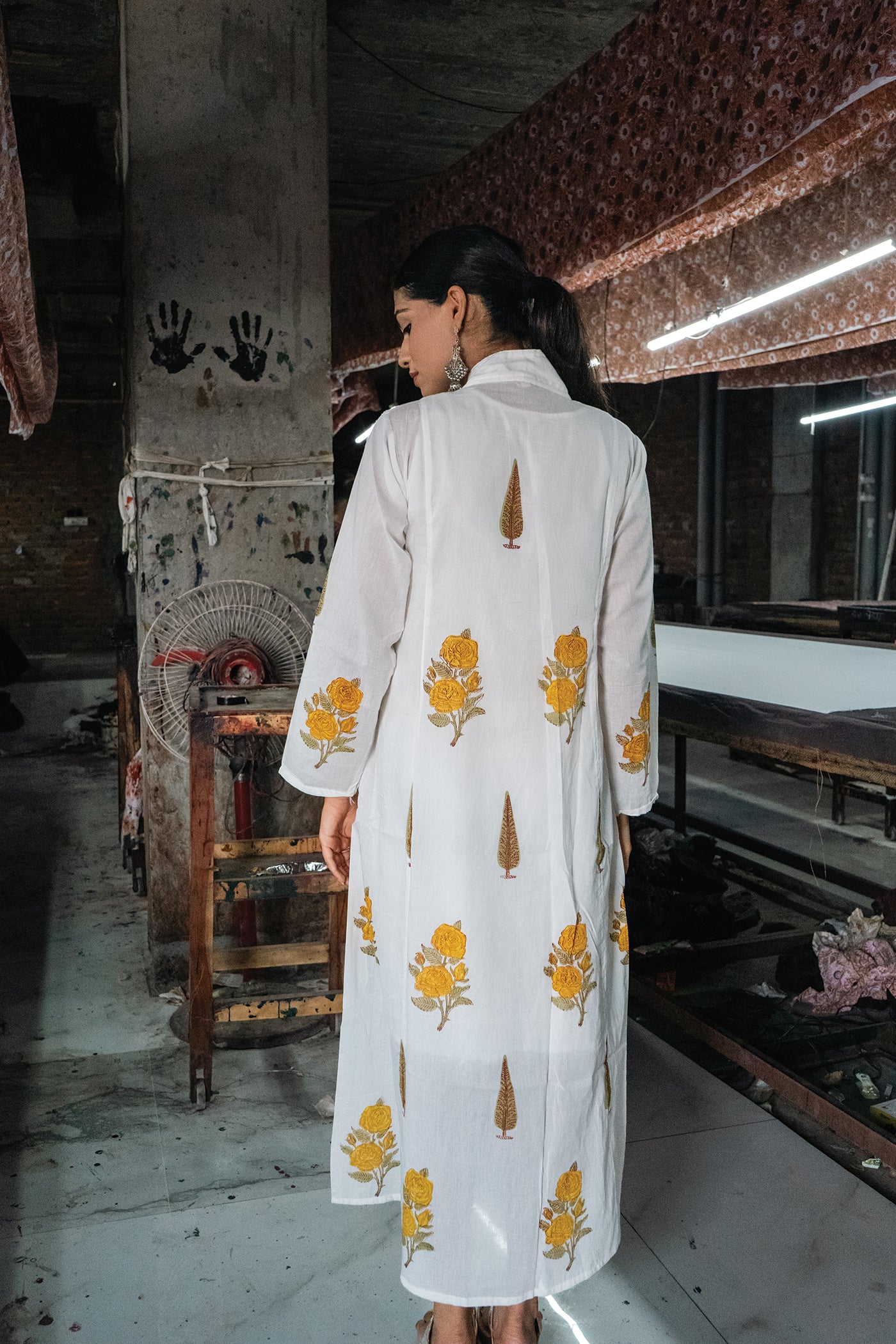 Marcia - Mulmul Hand Block Printed Dress/Kurta in Mughal Prints - Yellow Rose - Length 50 Inches