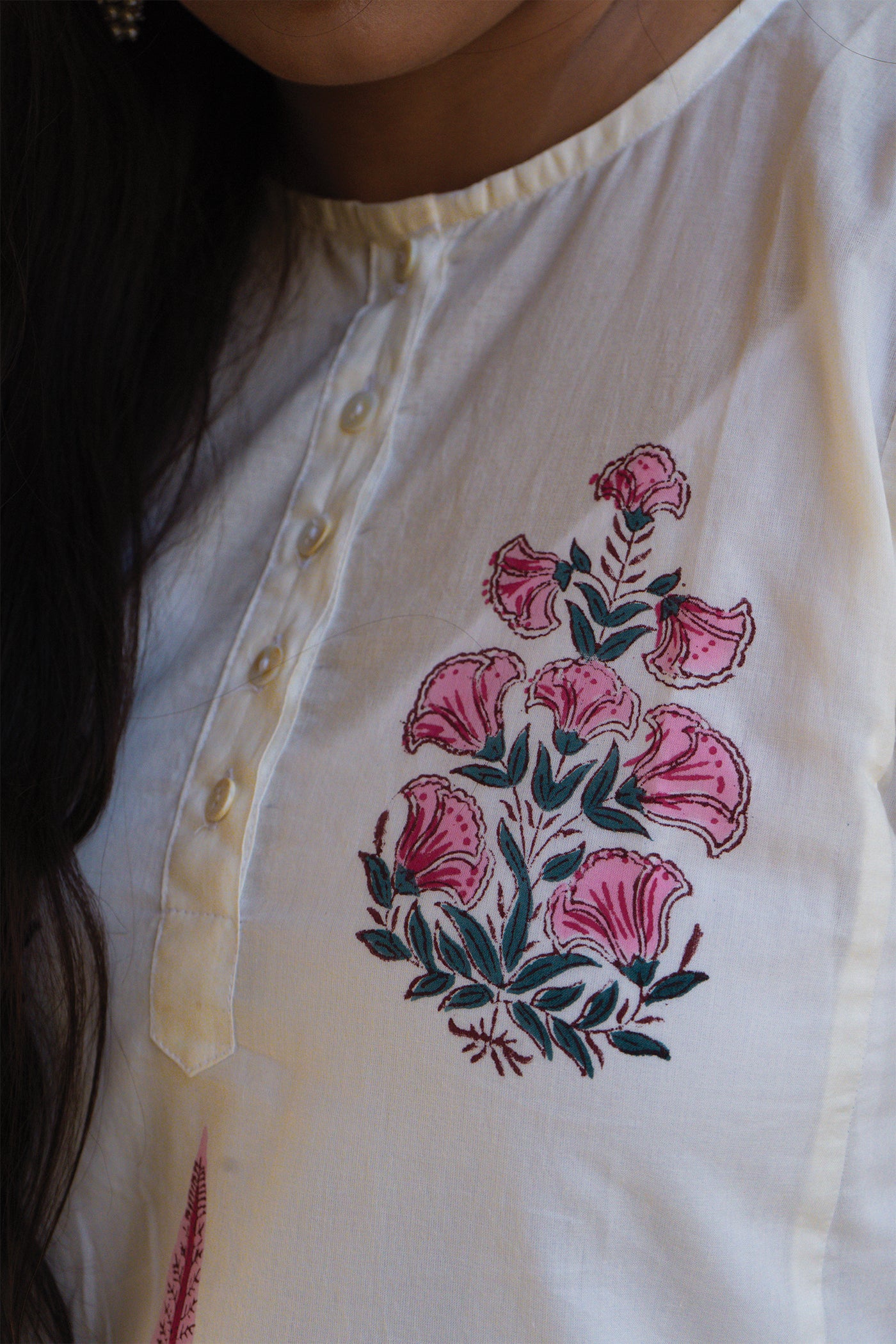 Vintage Bloom - Hand Block Printed Mughal Butta with Cypress Design Cotton Kurta - Length 41 Inches - Taffy Pink