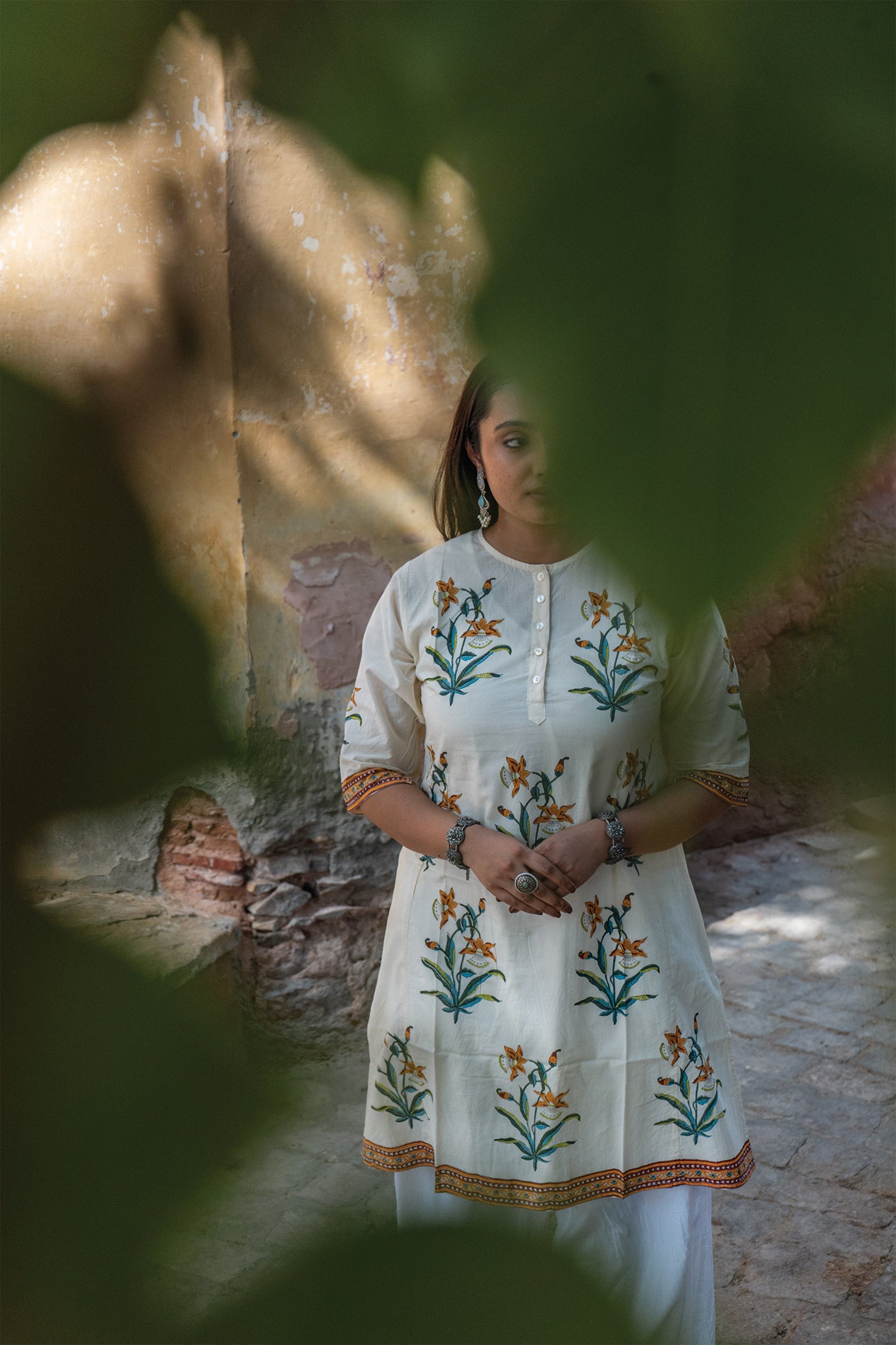 Saar - Hand Block Printed Mughal Butta Cotton Kurta - Length 41 Inches - Mustard Yellow and Turquoise