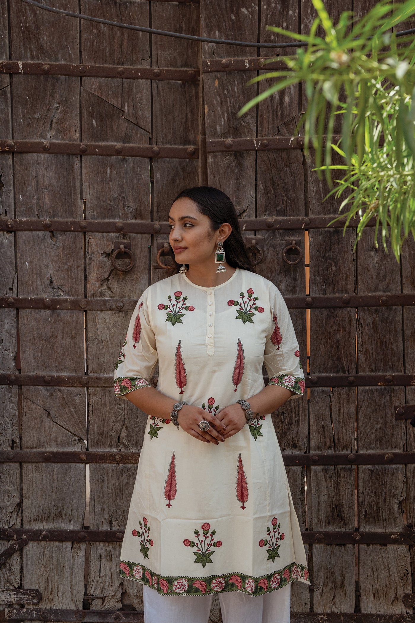 Daisy - Hand Block Printed Meadow Flower Butta with Cypress Design Cotton Kurta - Length 41 Inches - Pink