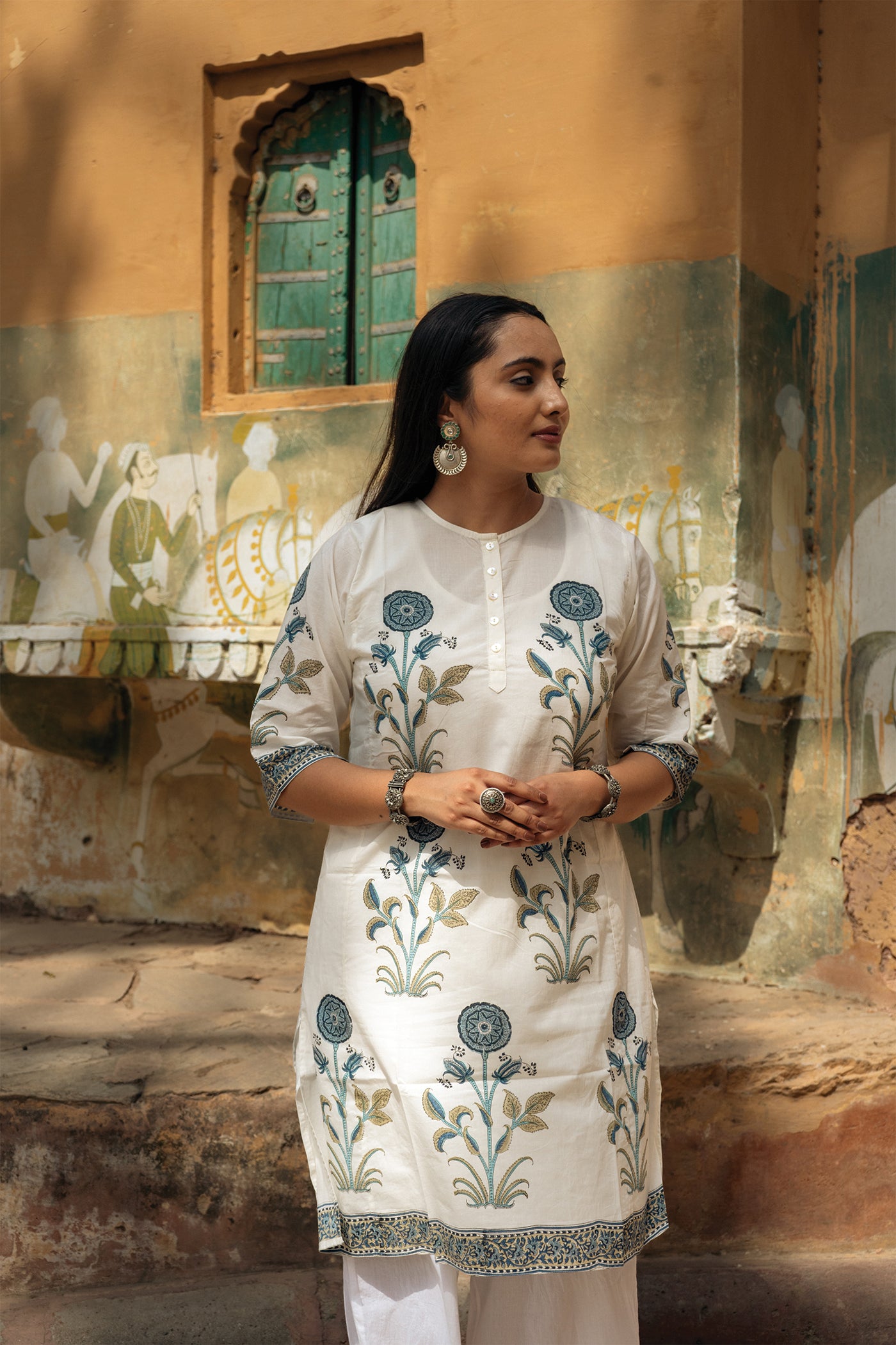 Hibiscus - Hand Block Printed Mughal Butta Cotton Kurta - Length 41 Inches - Aegean Blue