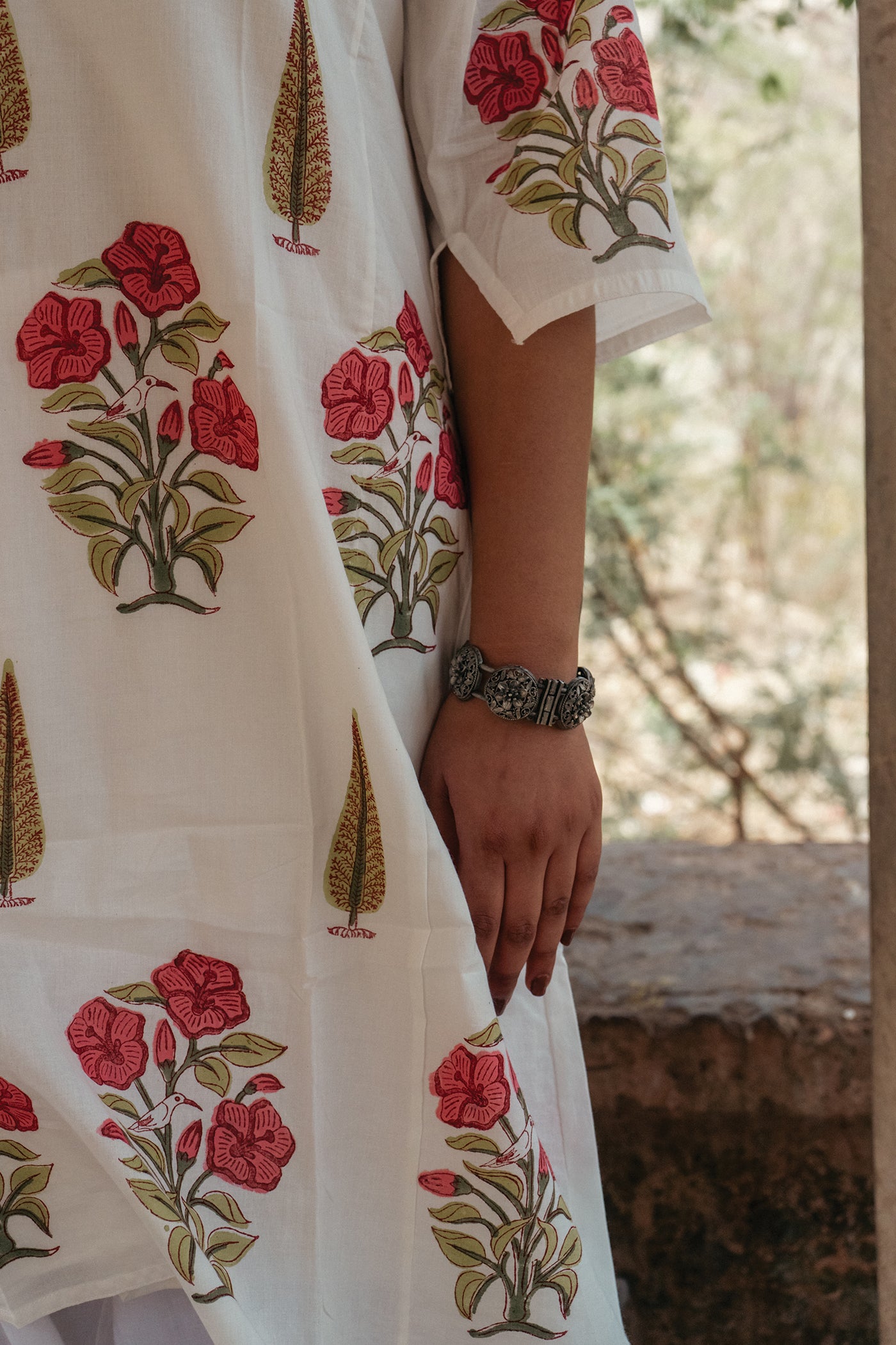 Royal Mughal Bird - Hand Block Printed Mughal Butta Design Cotton Kurta - Lengh 41 Inches - Red