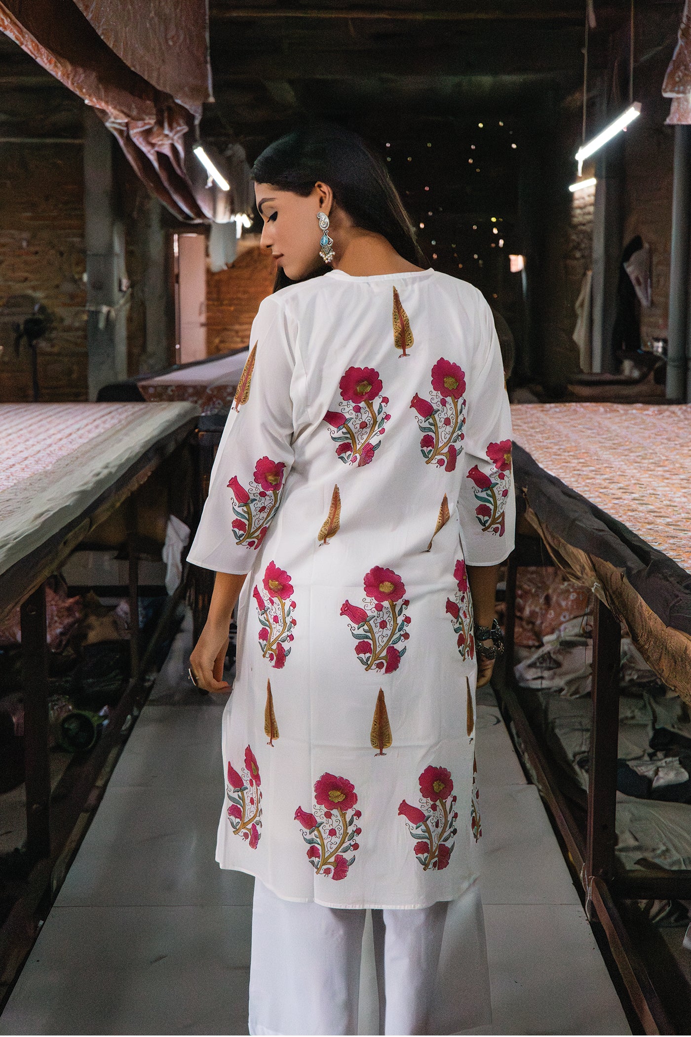 Vintage Bloom - Hand Block Printed Mughal Butta with Cypress Design Cotton Kurta - Length 41 Inches - Deep Pink and Royal Blue