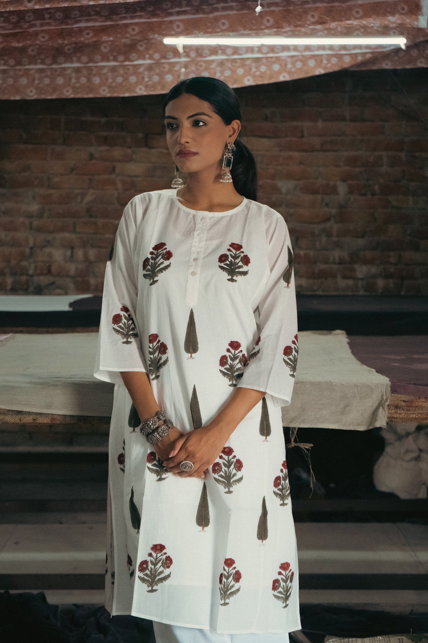 Poppy Flower - Hand Block Printed Mughal Butta with Cypress Design Cotton Kurta - Length 41 Inches - Red and Forest Green