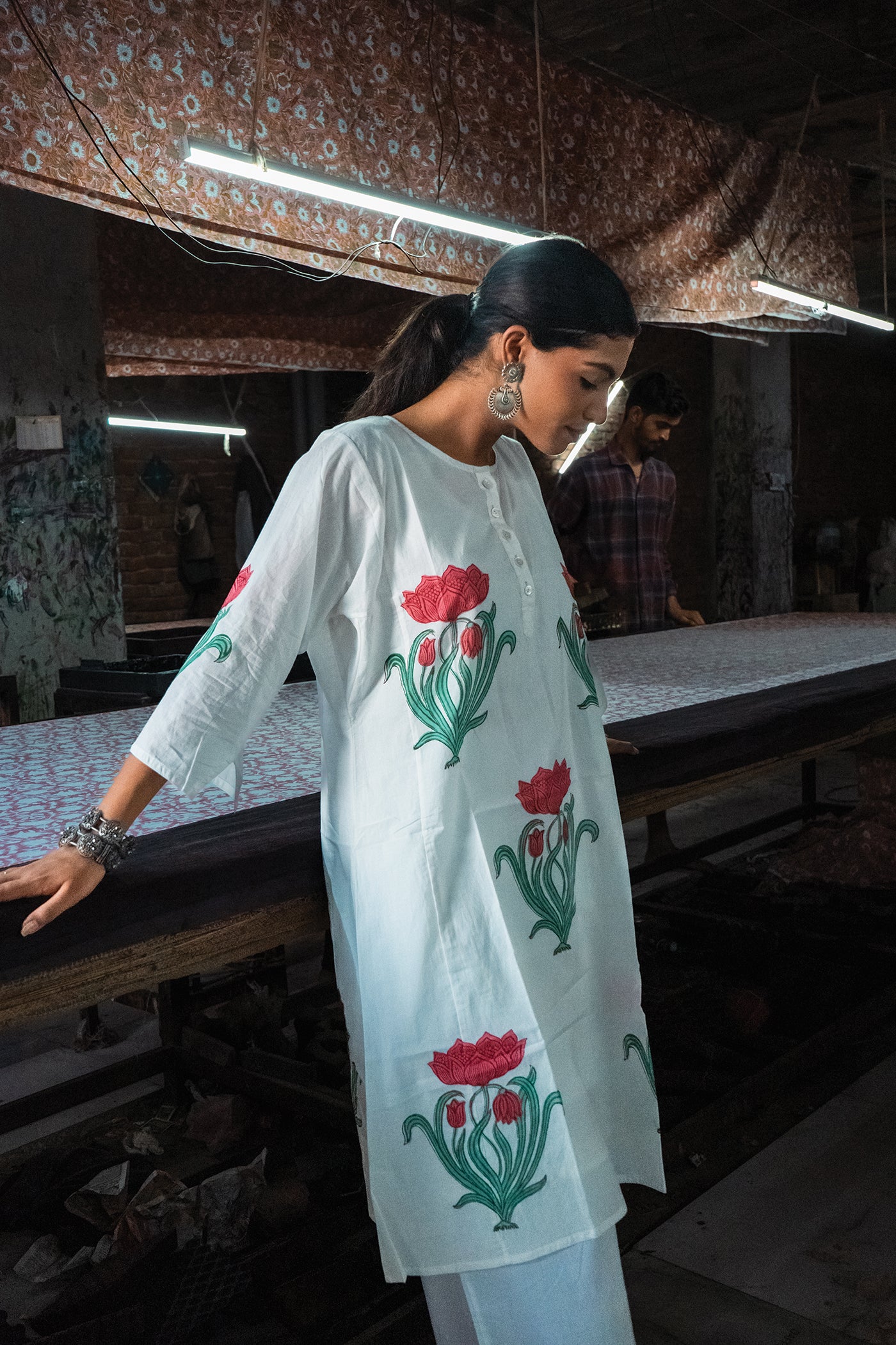 Vintage Bloom - Hand Block Printed Mughal Butta Design Cotton Kurta - Length 41 Inches - Peach and Sea Green