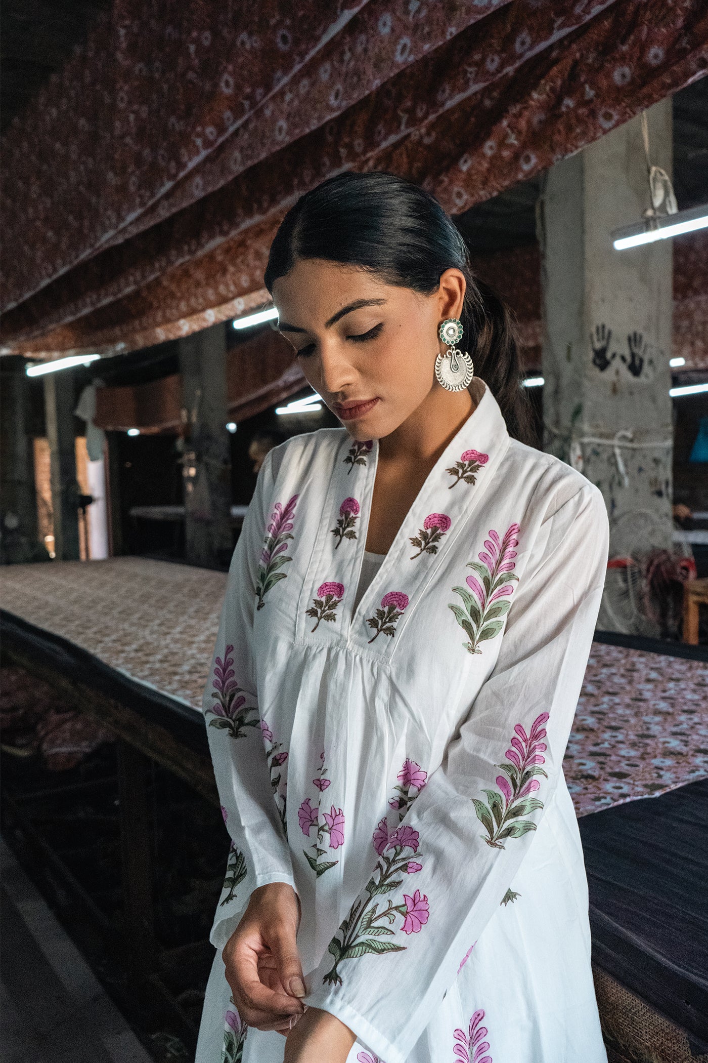 Marcia - Mulmul Hand Block Printed Dress/Kurta in Mughal Prints - Millenial Pink - Length 50 Inches