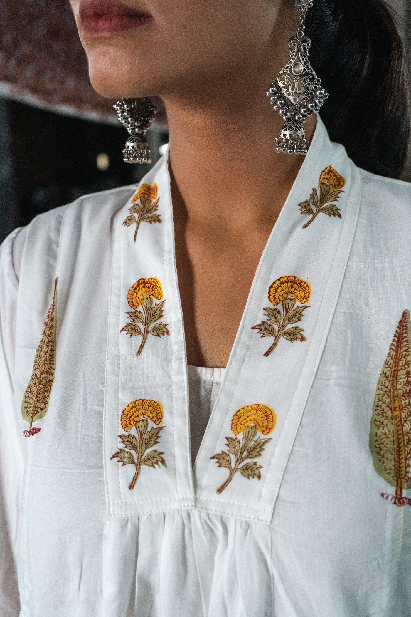 Marcia - Mulmul Hand Block Printed Dress/Kurta in Mughal Prints - Yellow Rose - Length 50 Inches