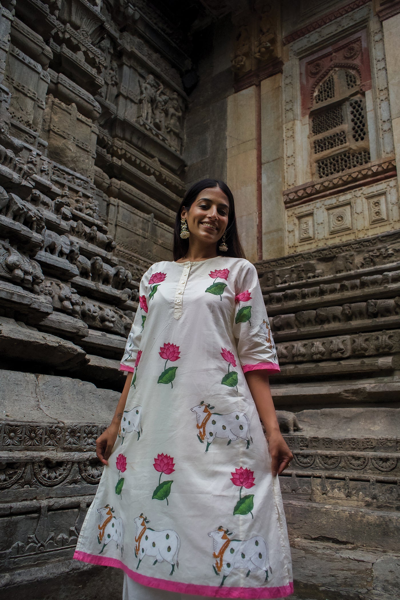 Indian Pichwai - Hand Block Printed Pearl White Straight Panel Kurta With Pant (SET OF 2)