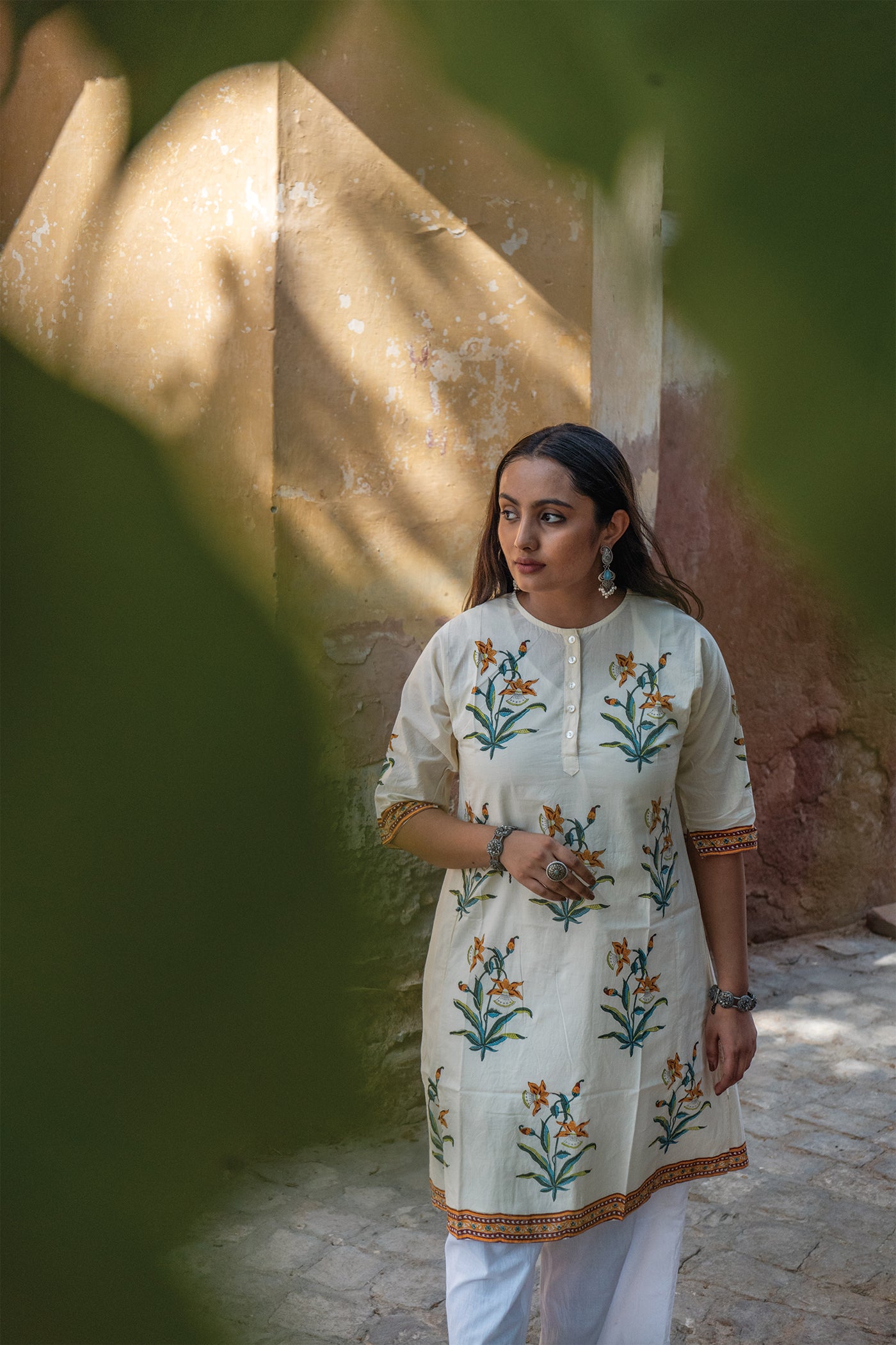 Saar - Hand Block Printed Mughal Butta Cotton Kurta - Length 41 Inches - Mustard Yellow and Turquoise