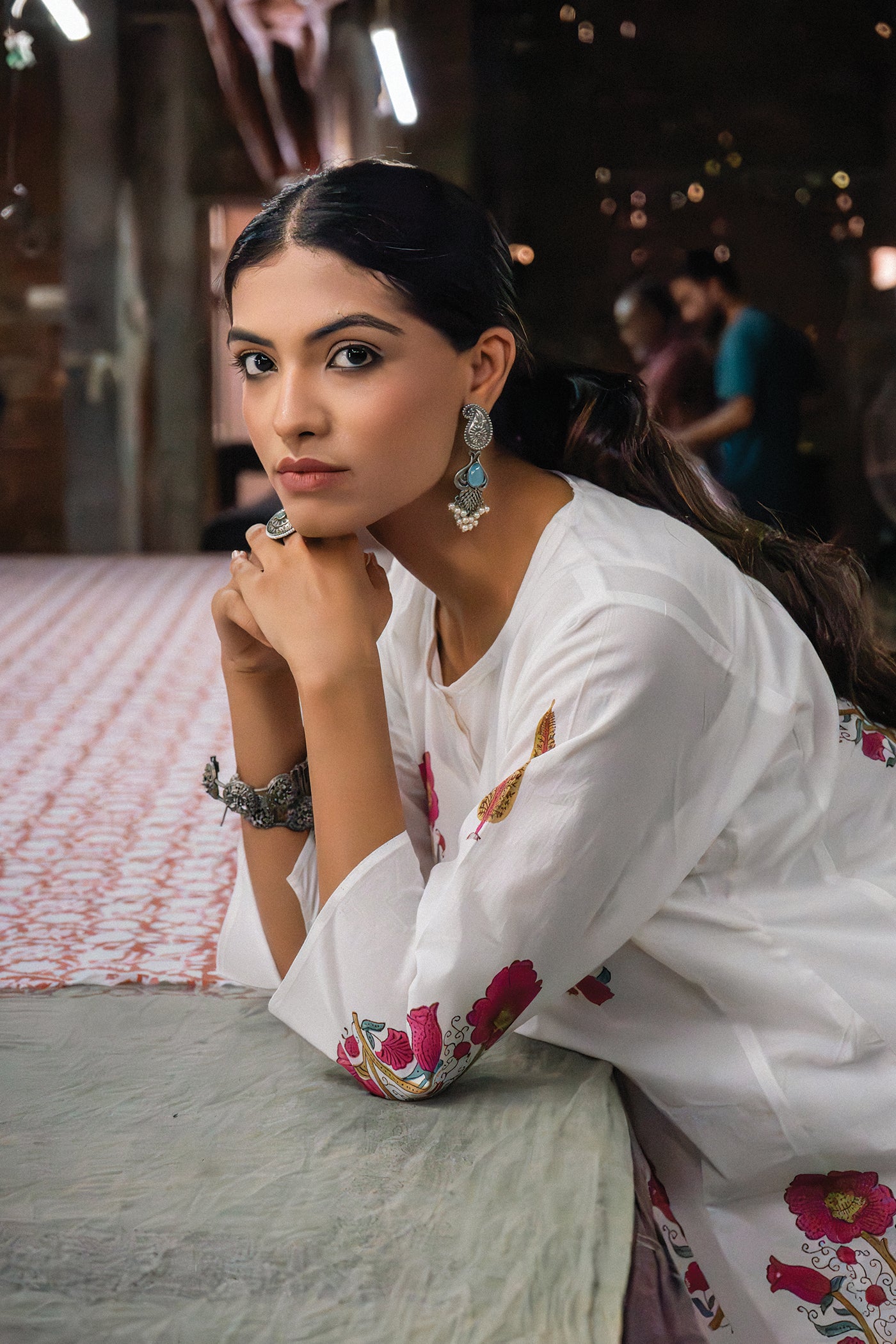 Vintage Bloom - Hand Block Printed Mughal Butta with Cypress Design Cotton Kurta - Length 41 Inches - Deep Pink and Royal Blue